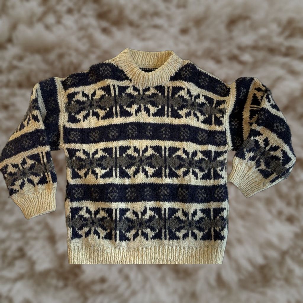 VINTAGE Chunky Knit Sweater Geometric Nordic Snowflake Wool Unisex L Multicolor Crew Neck Pullover Winter/Wintery Classic Hipster USA Mens Womens