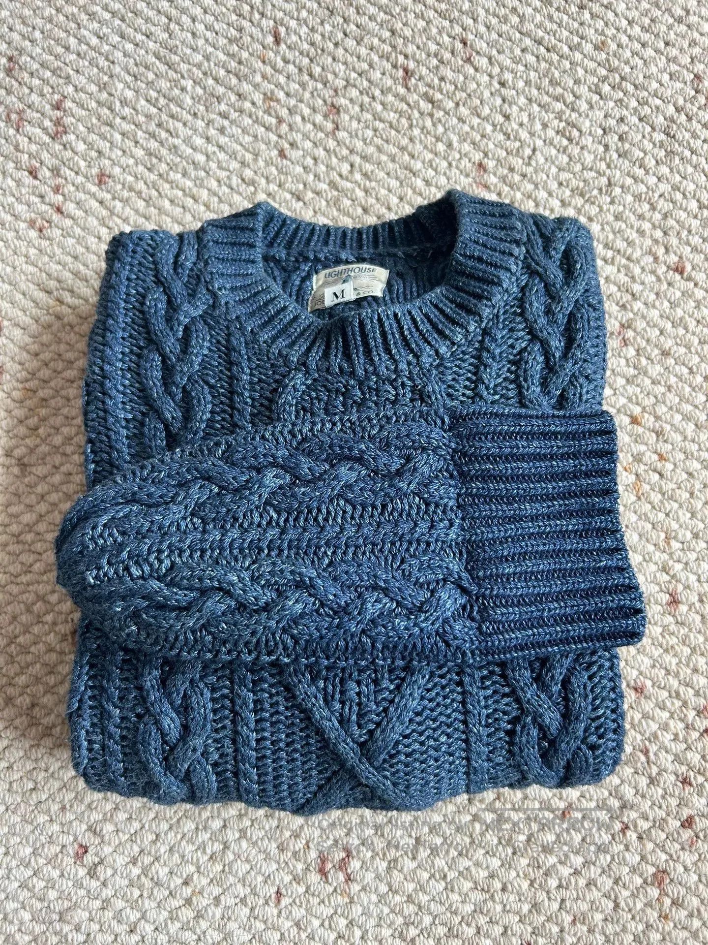 indigo aran crewneck sweater and hat set.