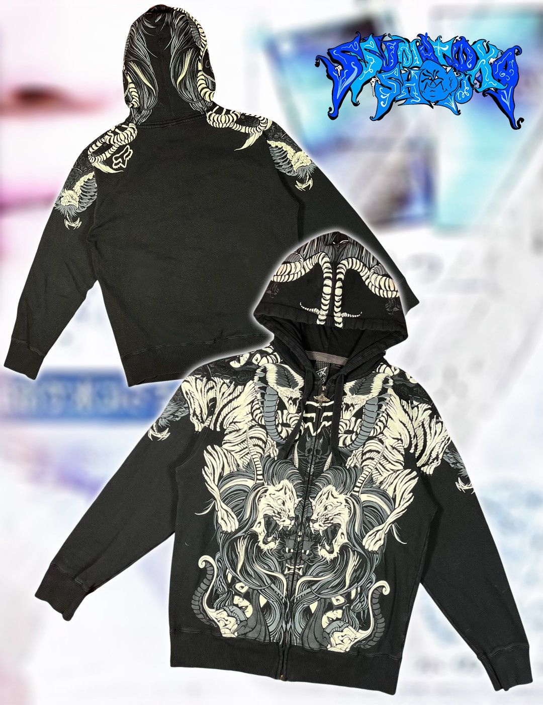 Y2K Fox Racing Graphic Zip Hoodie Black AllOver Skull Print