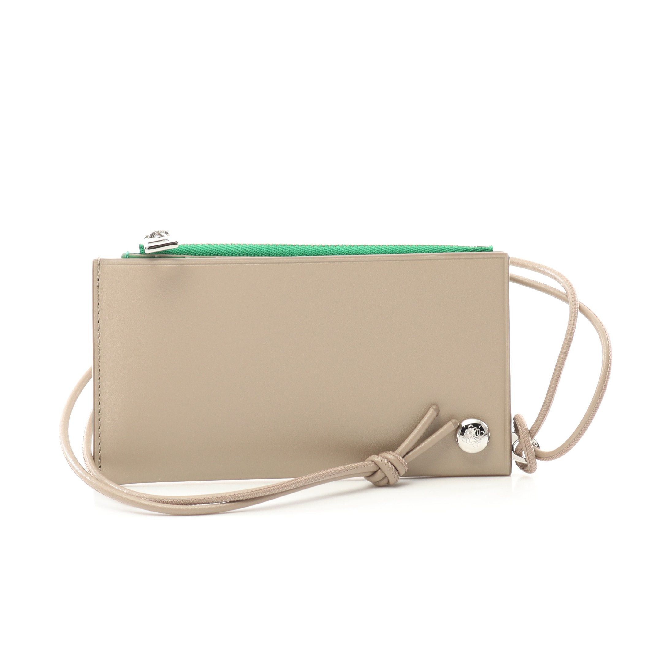 Loewe Pebble Slider Coin Card Holder Purse Leather Gray Beige Green With Neck Strap, Women's