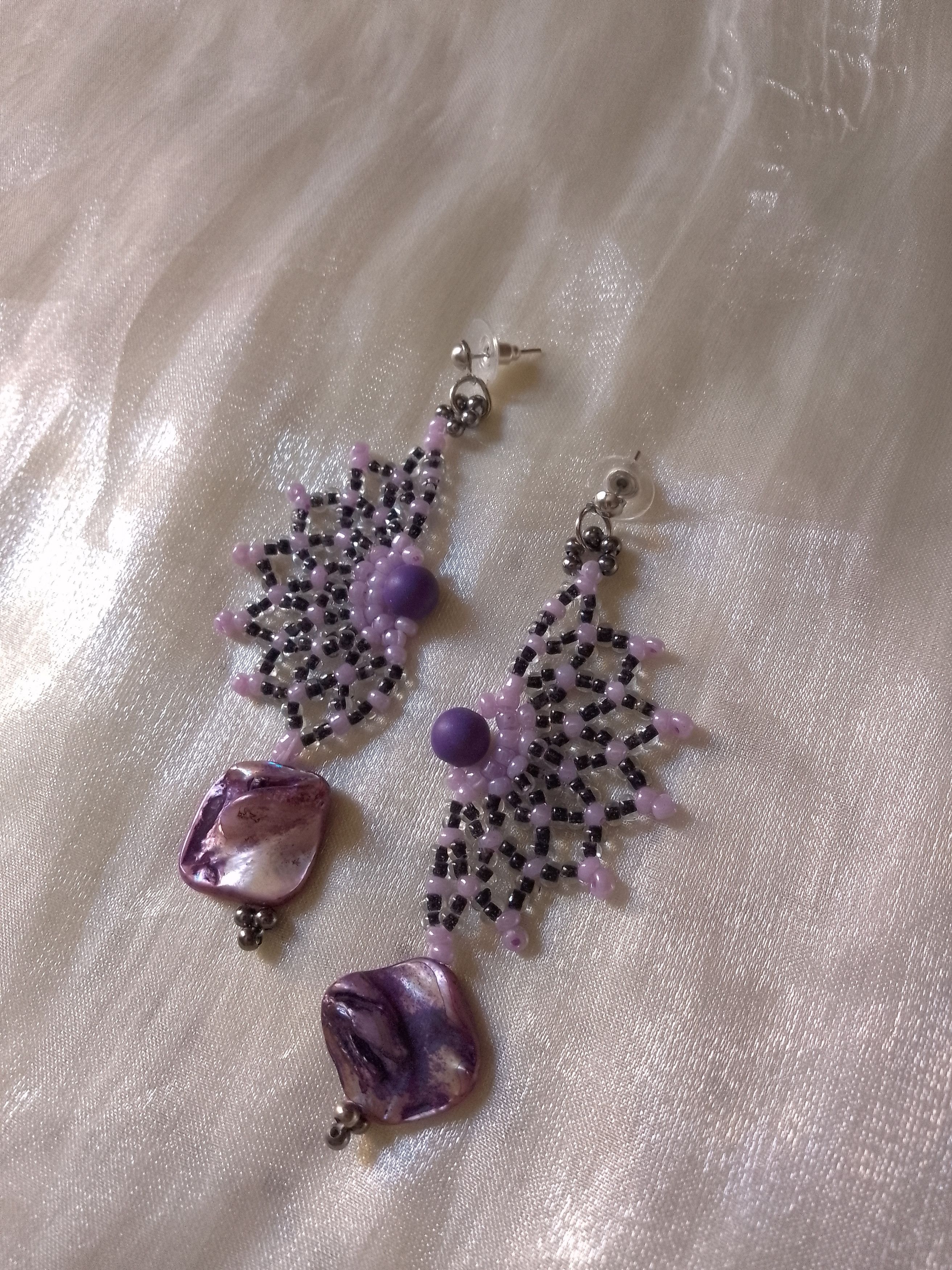 Handmade Earrings Netted Black Purple Mother of pearl gemstone dangle Size ONE SIZE - 5 Thumbnail