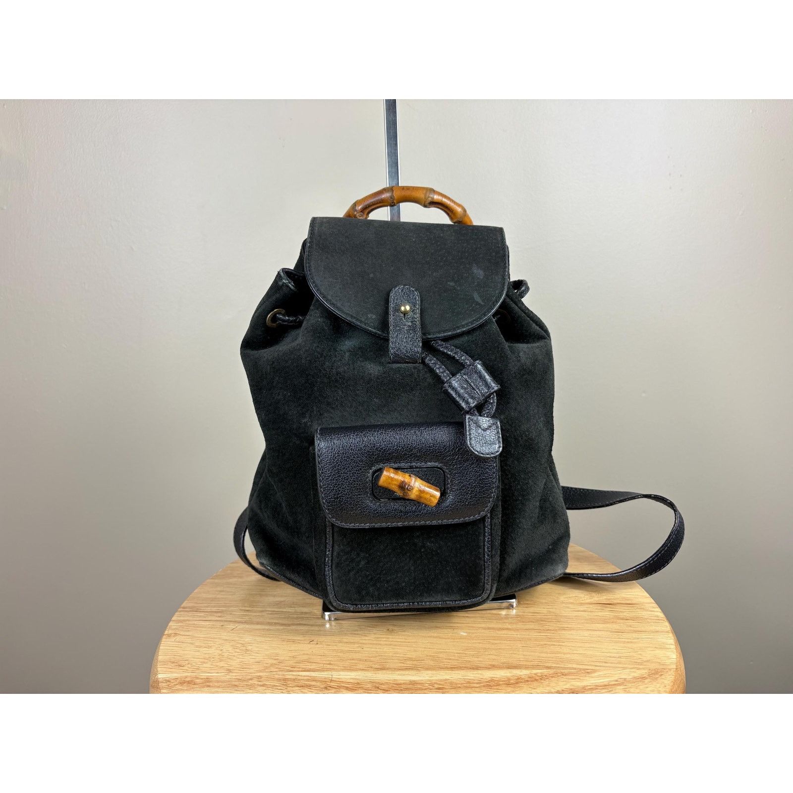 Gucci Authentic Gucci Black Suede Bamboo Handle Backpack Size ONE SIZE - 1 Thumbnail
