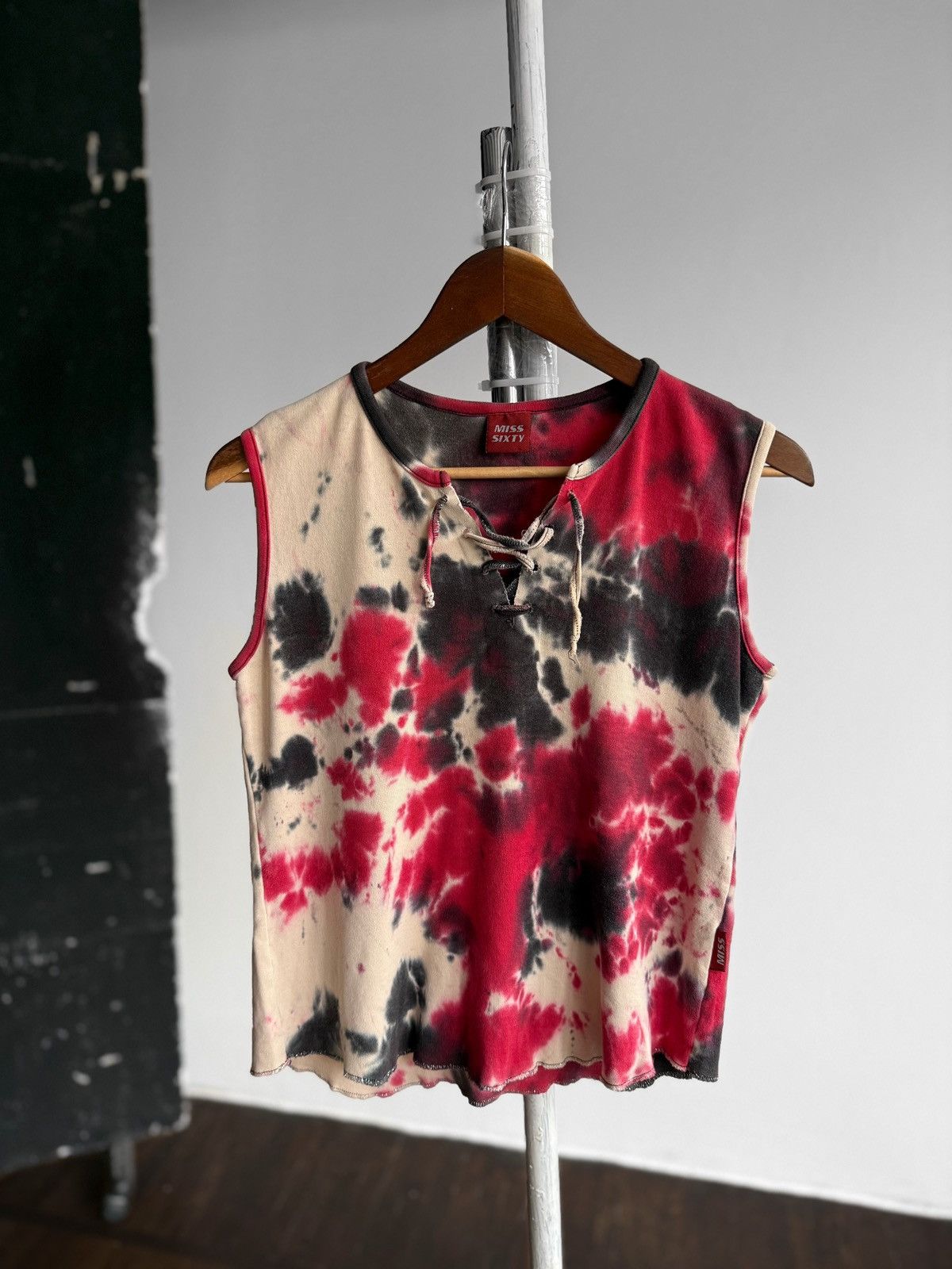 Miss Sixty Miss Sixty Womens Vintage Red Black Tie Dye Lace Up Tank Top Size L / US 10 / IT 46 - 1 Thumbnail