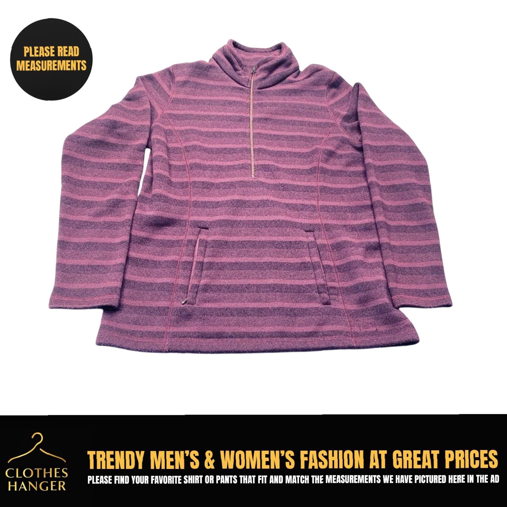 Vintage REI Half Zip Sweater Women's Medium Purple Striped Pullover Front Pockets 8432 Size M / US 6-8 / IT 42-44 - 2 Thumbnail