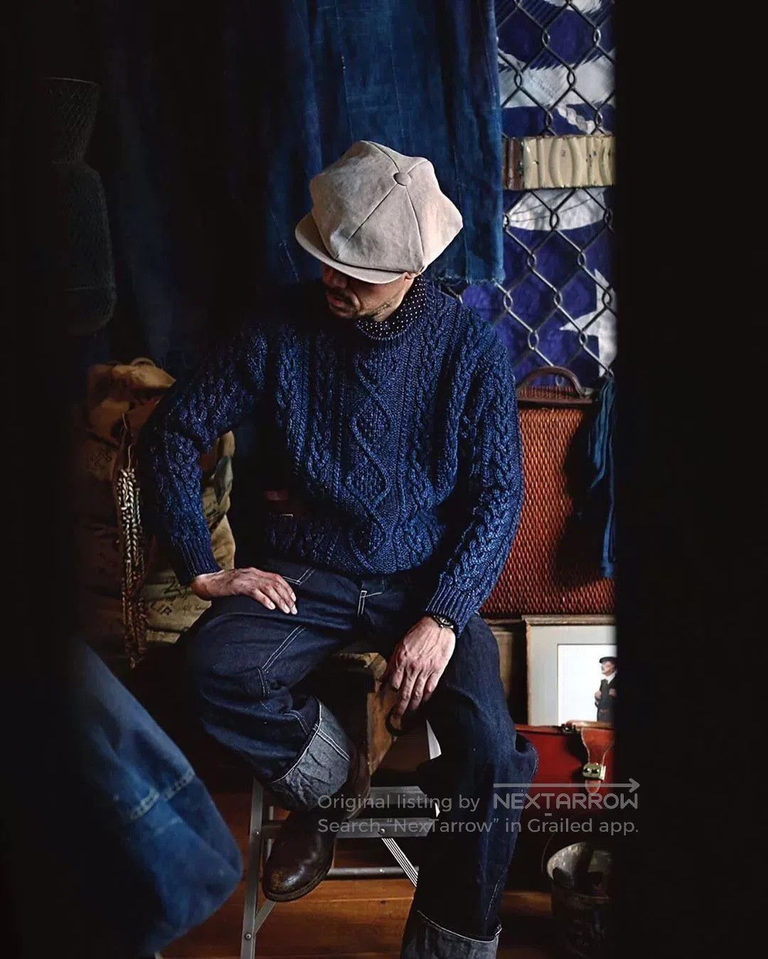 indigo aran crewneck sweater and hat set.