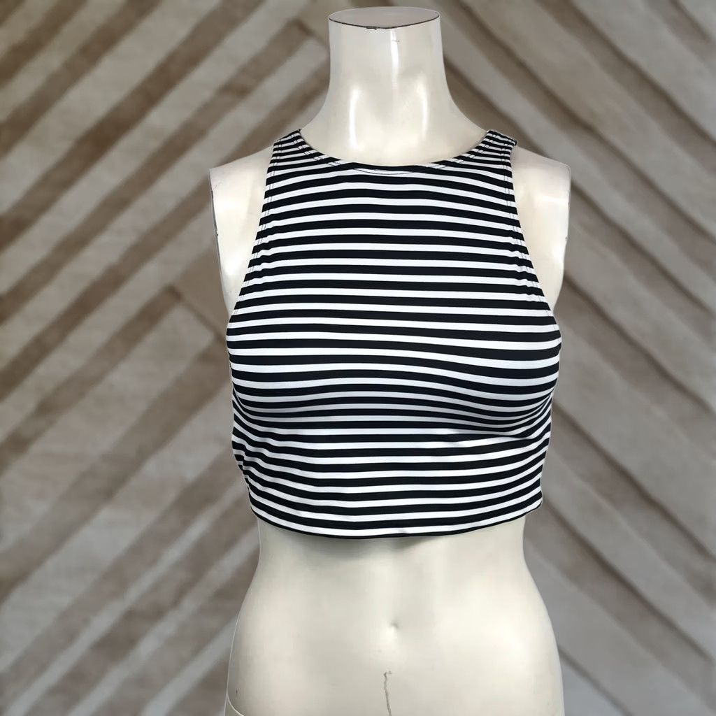 Vintage VINTAGE Beach Betty Black White Striped High Neck Zipper Back Bikini Top Small 670091T Size S / US 4 / IT 40 - 1 Thumbnail