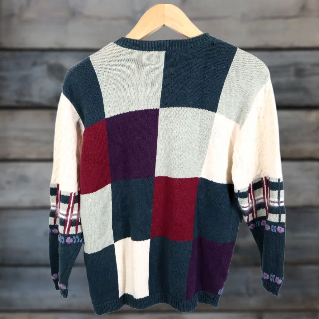 Vintage VINTAGE 90s Patchwork Sweater Women's Medium Green Ramie Cotton Christopher & Banks Crew Neck Embroidered Geometric Knit Pullover Casual Size M / US 6-8 / IT 42-44 - 1 Thumbnail