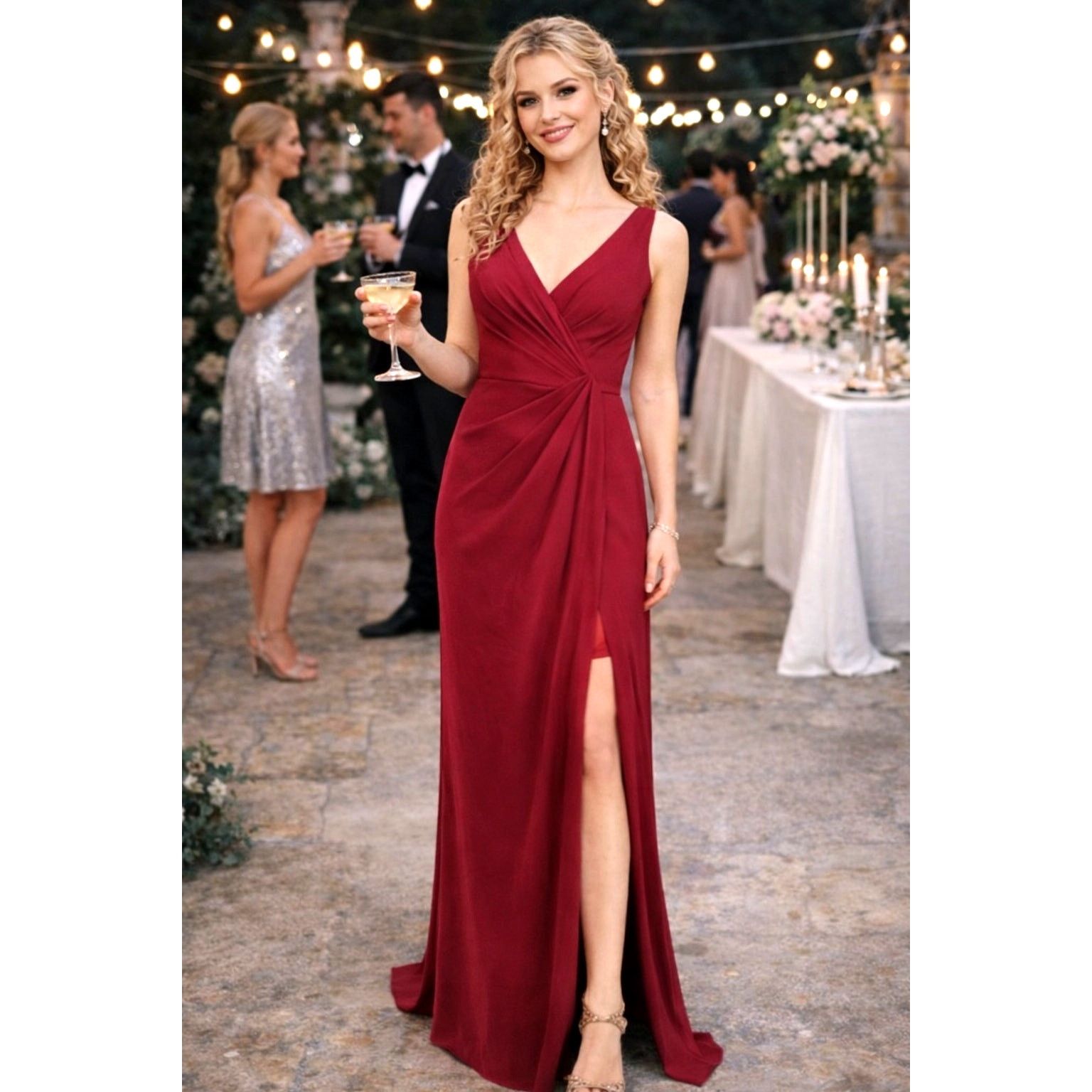 Jenny Packham Jenny Packham V-Neck Crepe Column Gown - Burgundy - size 4 Size S / US 4 / IT 40 - 1 Thumbnail