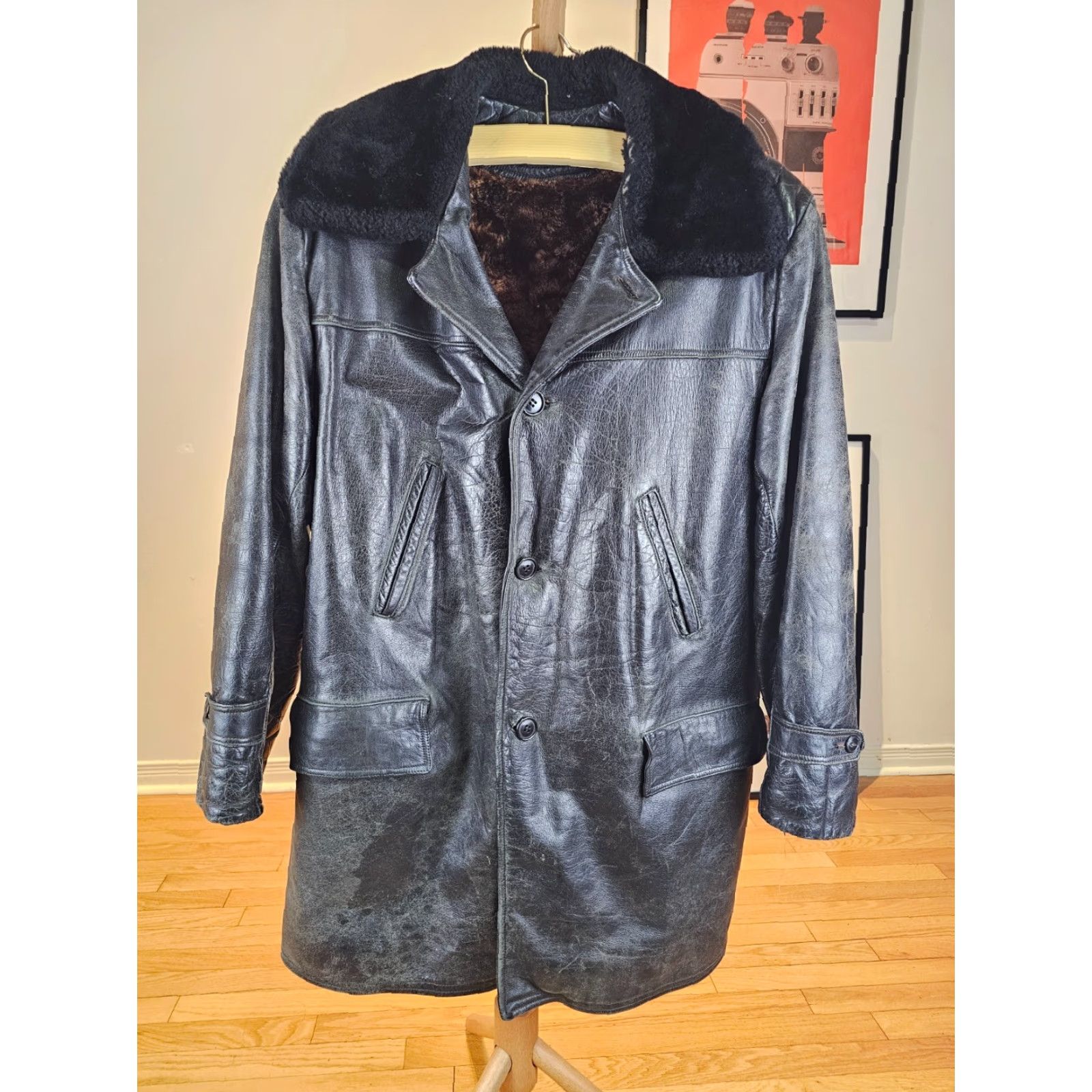 Vintage VINTAGE Unbranded SHEEPSKIN SHEARLING LINING BLACK LEATHER JACKET SZ 42 Coat Men Size US XS / EU 42 / 0 - 2 Thumbnail