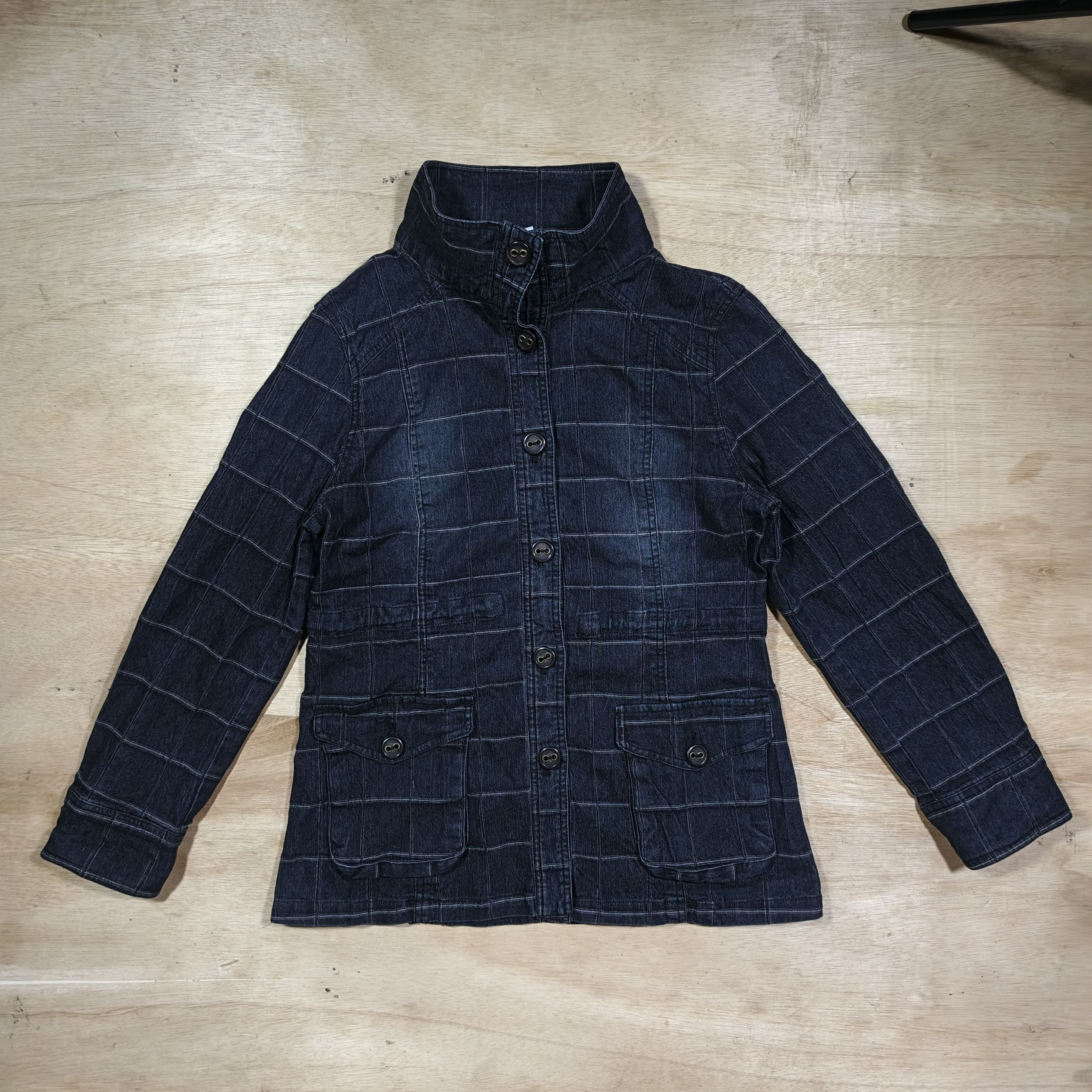 Japanese Brand Plymtone Mock Neck Quilted Grid Pattern Denim Jacket Size L / US 10 / IT 46 - 1 Thumbnail