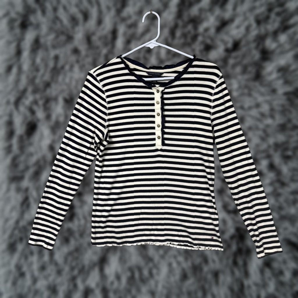 Tommy Hilfiger Tommy Hilfiger Shirt Womens L Blue White Stripe Henley Ribbed Old Money Coquette Size L / US 10 / IT 46 - 1 Thumbnail