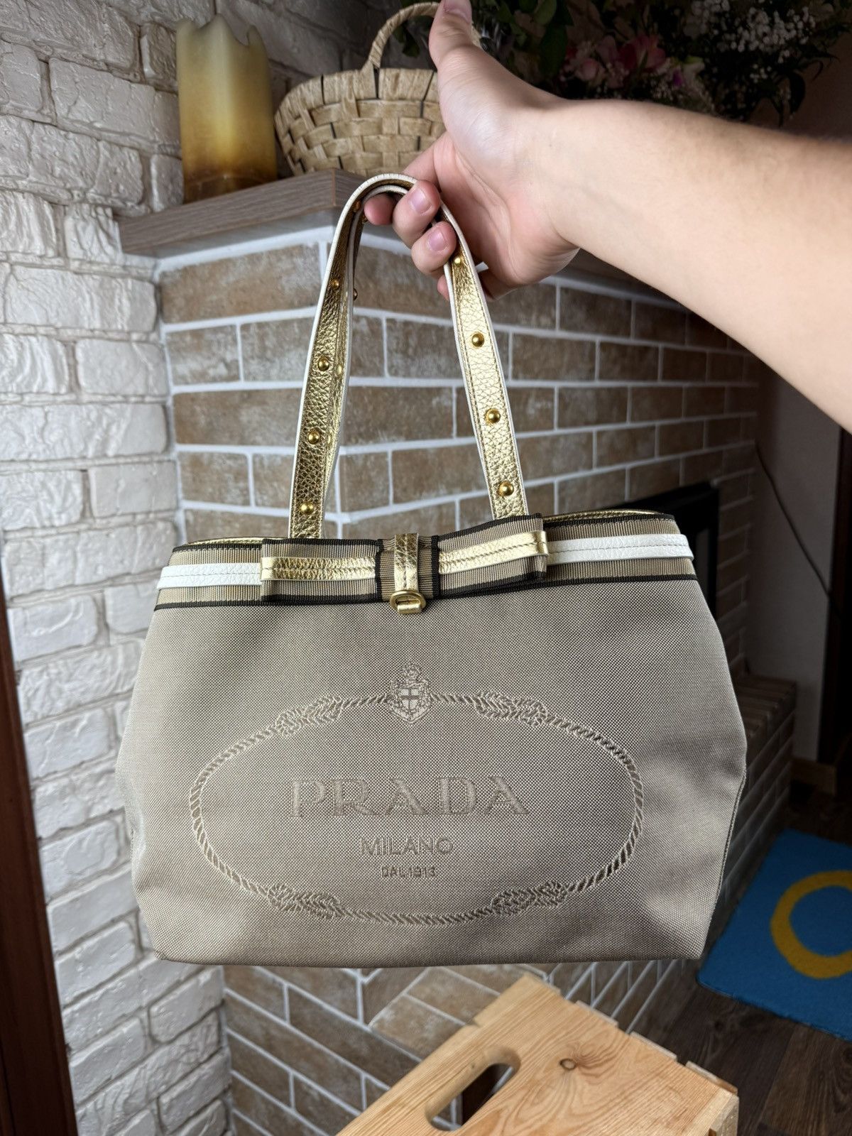 Prada Prada Brown Logo Jacquard Canvas Mettalic Gold Handle Bag Size ONE SIZE - 3 Thumbnail