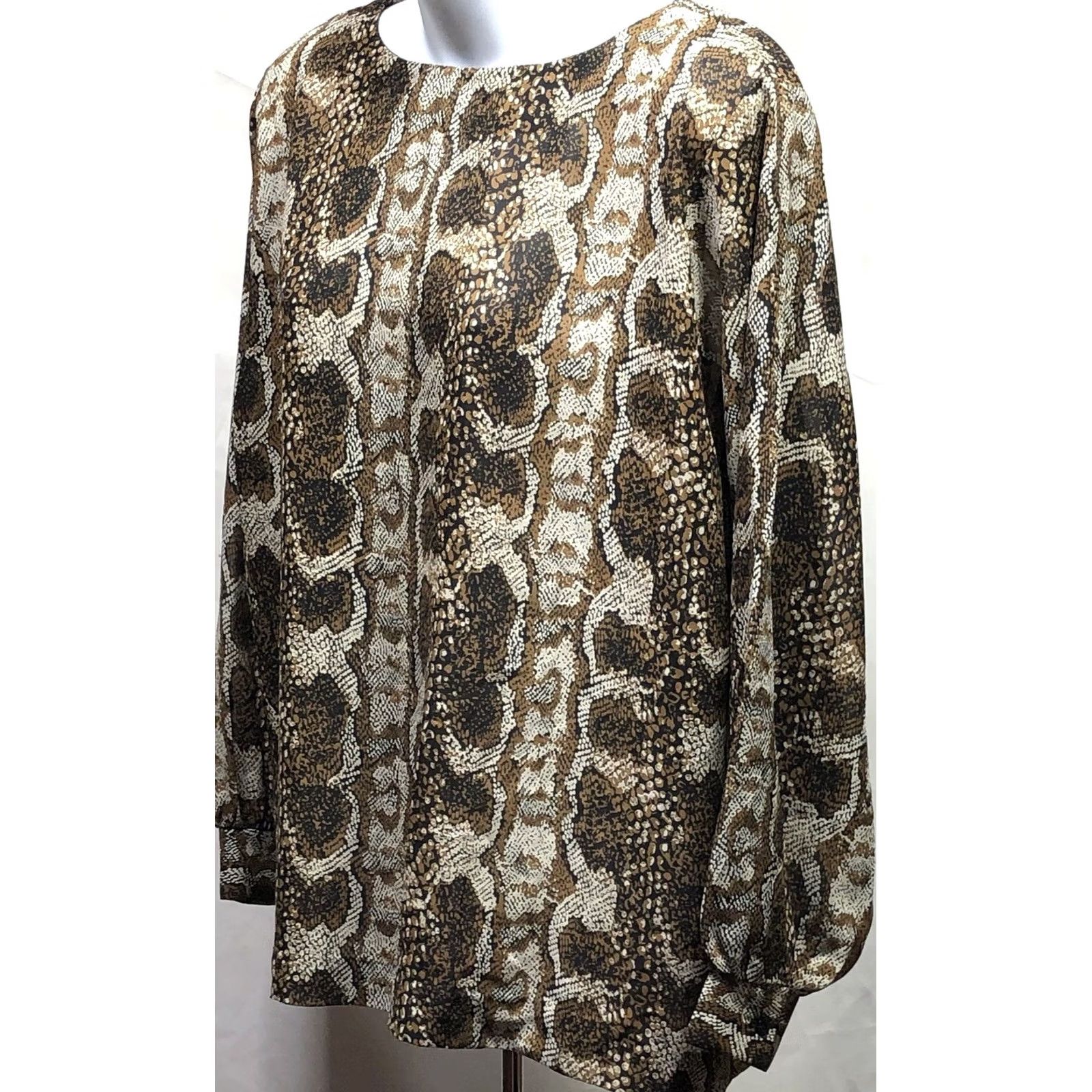 Vintage VINTAGE Teddi blouse Brown Snake ButtonUp 90s Career Glam Chic Women M Brown Snake Long Sleeve Collarless Size M / US 6-8 / IT 42-44 - 2 Thumbnail
