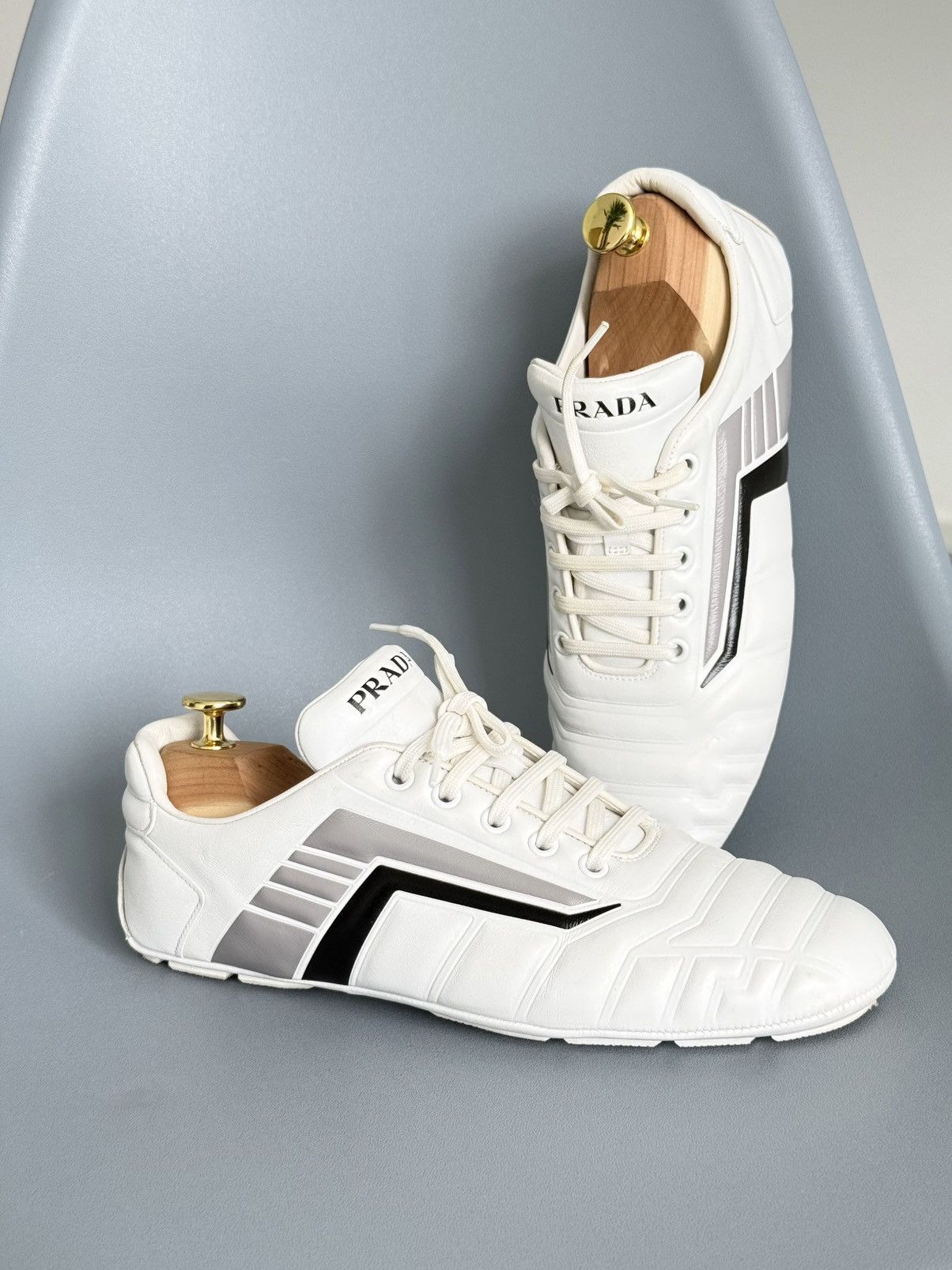 Prada Prada Rev Sneakers White Padded Leather Gray Stripe Low Top Size US 9 / IT 39 - 2 Thumbnail