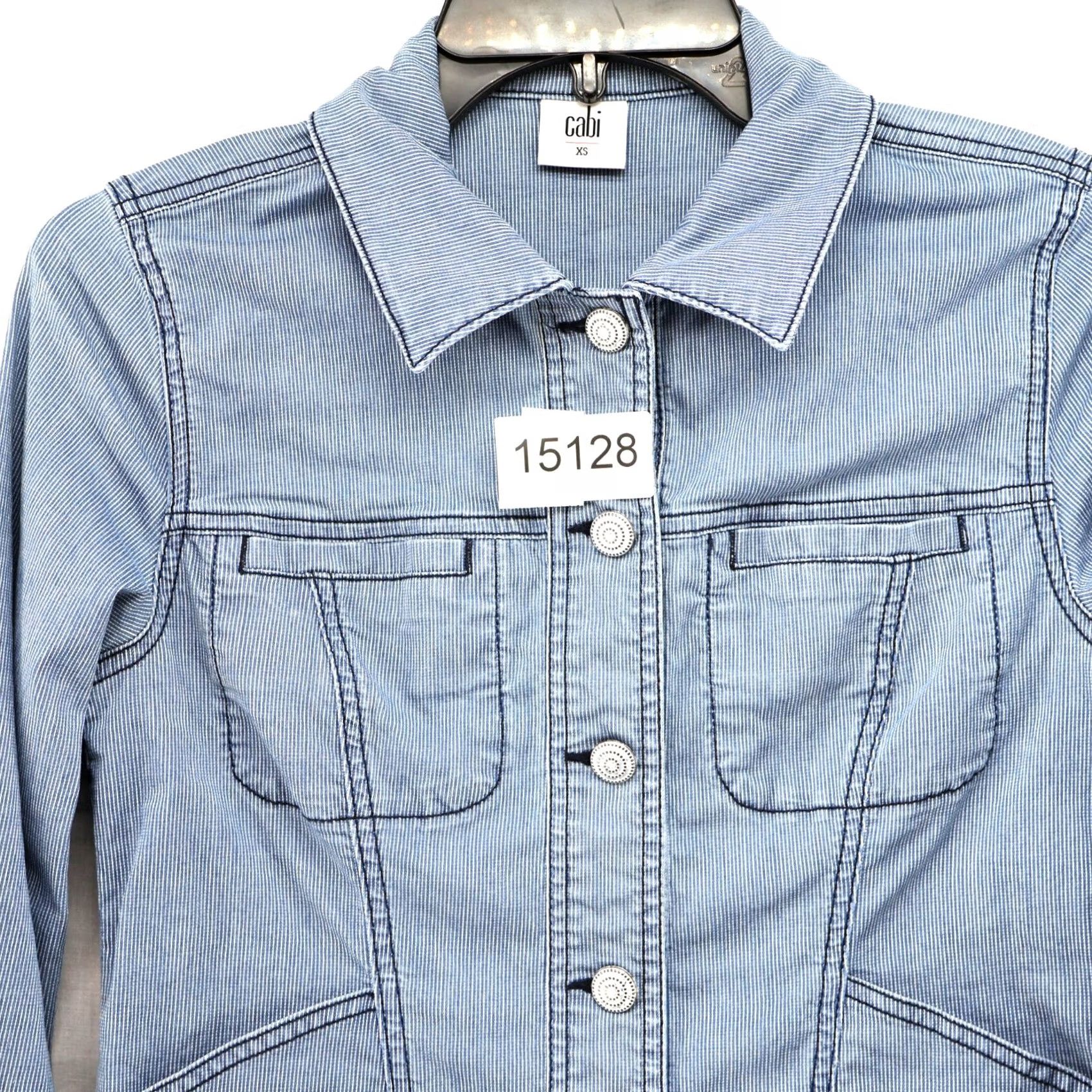 Vintage CAbi Stretch Trucker Jacket Womens XS Blue & White Striped Decorative Buttons Size XS / US 0-2 / IT 36-38 - 7 Thumbnail