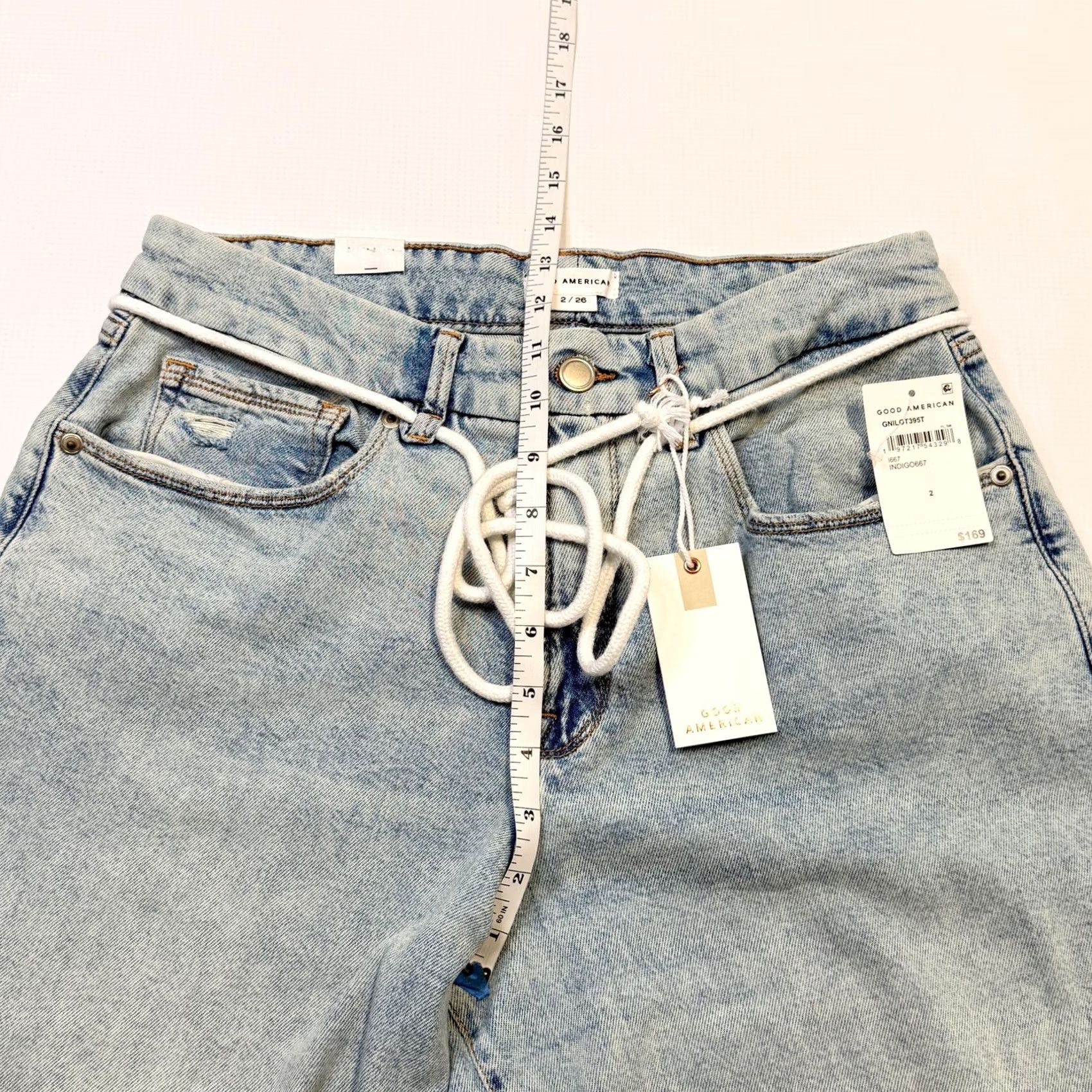 Good American Good American Jeans Womens 2 Light Wash 90s Loose Low Rise Drawstring Belted Pockets Zip Fly Straight 32in Inseam Size 26" / US 2 / IT 38 - 6 Thumbnail