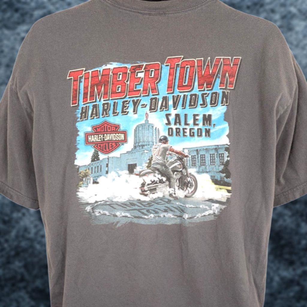 Harley Davidson Harley-Davidson T Shirt Mens 2XL Gray Timber Town Salem Oregon Biker Shirt Mens Vintage? Size US XXL / EU 58 / 5 - 1 Thumbnail