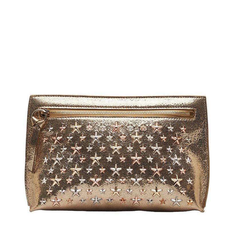 image of Jimmy Choo Metallic Leather Star-Studded Clutch in Gold, Women's