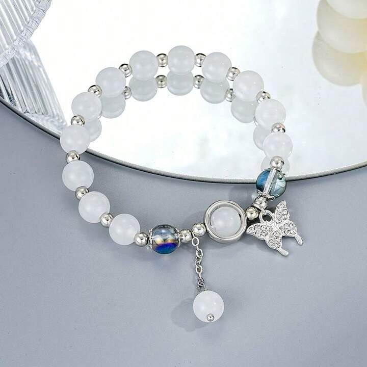 Handmade White Blue Fresh Beaded Butterfly Charm Bracelet Size ONE SIZE - 1 Thumbnail