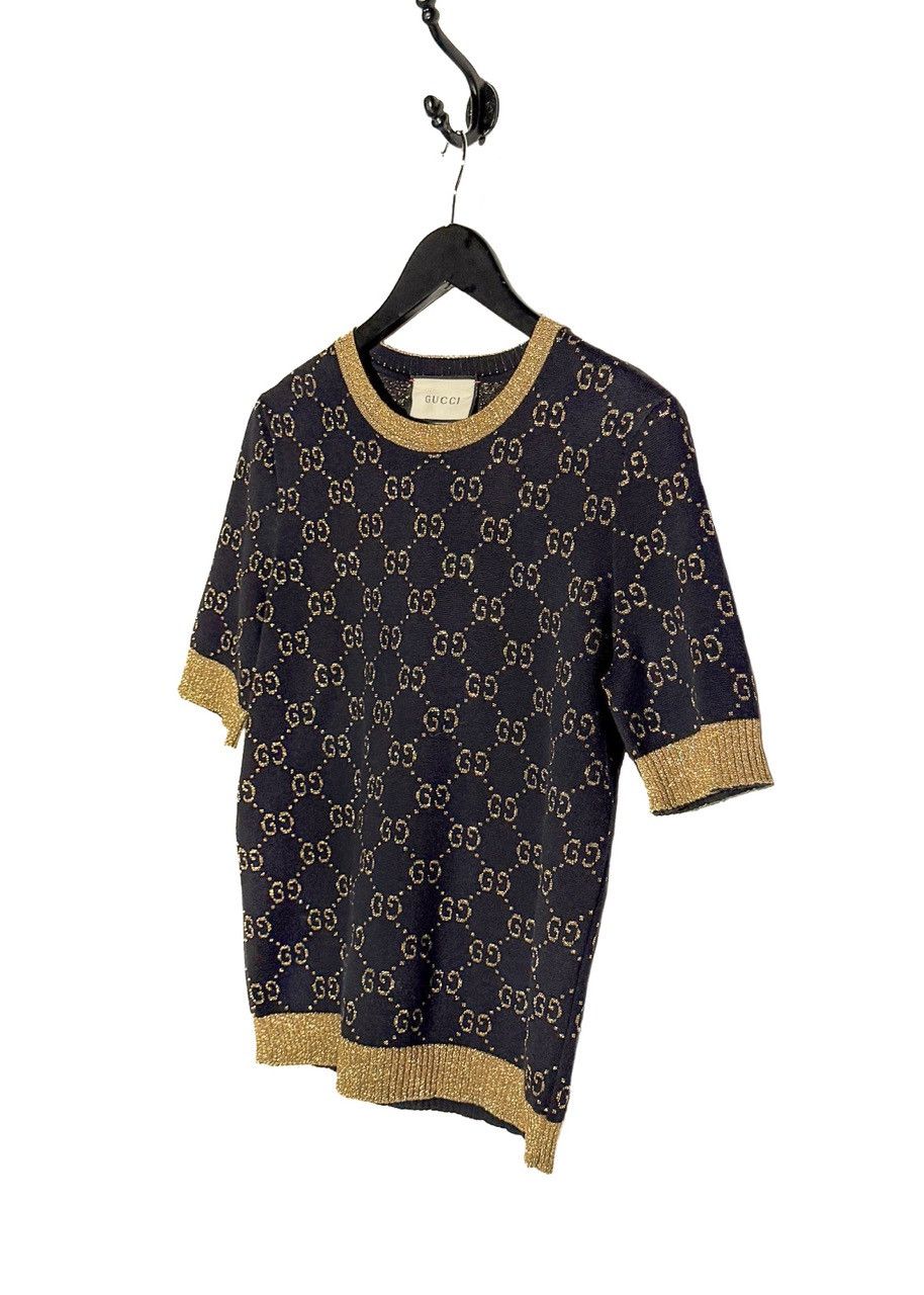 Gucci Gucci Navy Blue Cotton Lamé GG Jacquard Knit Top Size L / US 10 / IT 46 - 2 Thumbnail