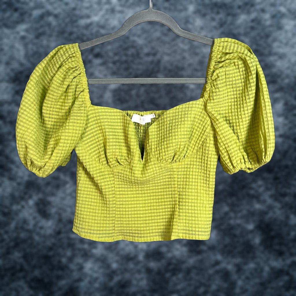 ASTR The Label VINTAGE ASTR The Label Womens S Green Puff Sleeve Smocked Crop Top Shirt Size S / US 4 / IT 40 - 1 Thumbnail