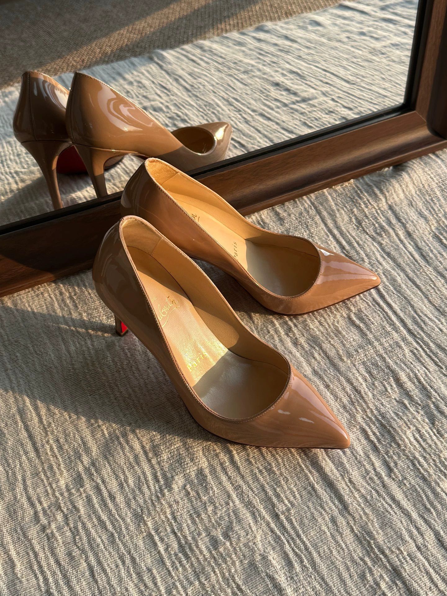 Christian Louboutin CL nude patent leather red sole heels women's Size US 4.5 / IT 34.5 - 1 Thumbnail