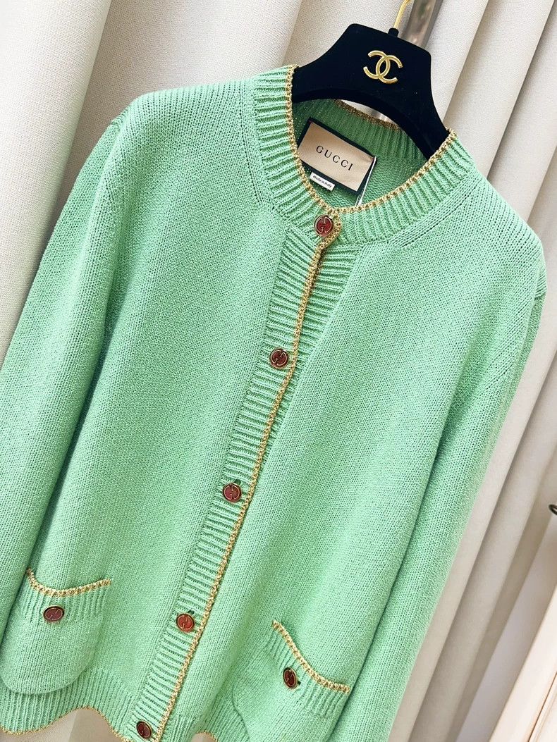Gucci Gucci Tender green gold-rim knitted two-pocket cardigan co Size L / US 10 / IT 46 - 2 Thumbnail