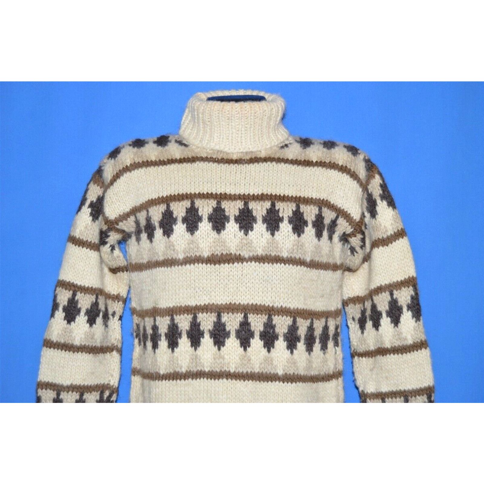 Image of Vintage 70's Nordic Geometric Heavy Wool Knit Turtleneck Ski Sweater Small S in White, Men's