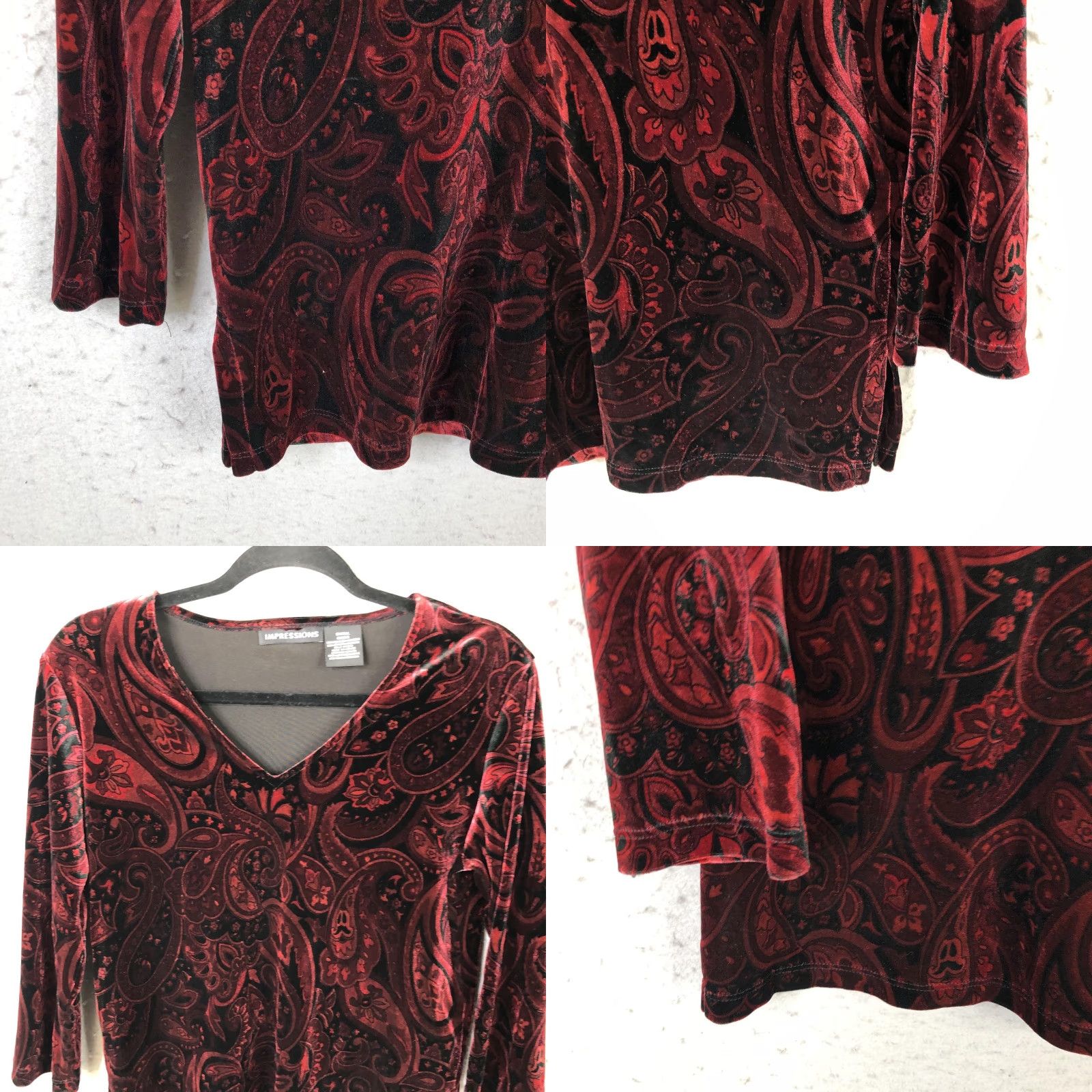 Vintage Impressions Blouse Womens Small Red Paisley Velvet V-Neck 3/4 Sleeve Whimsigoth Retro Shirt Womens, Red, Paisley, Velvet, V-Neck, 3/4 Sleeve, Small Size S / US 4 / IT 40 - 8 Thumbnail
