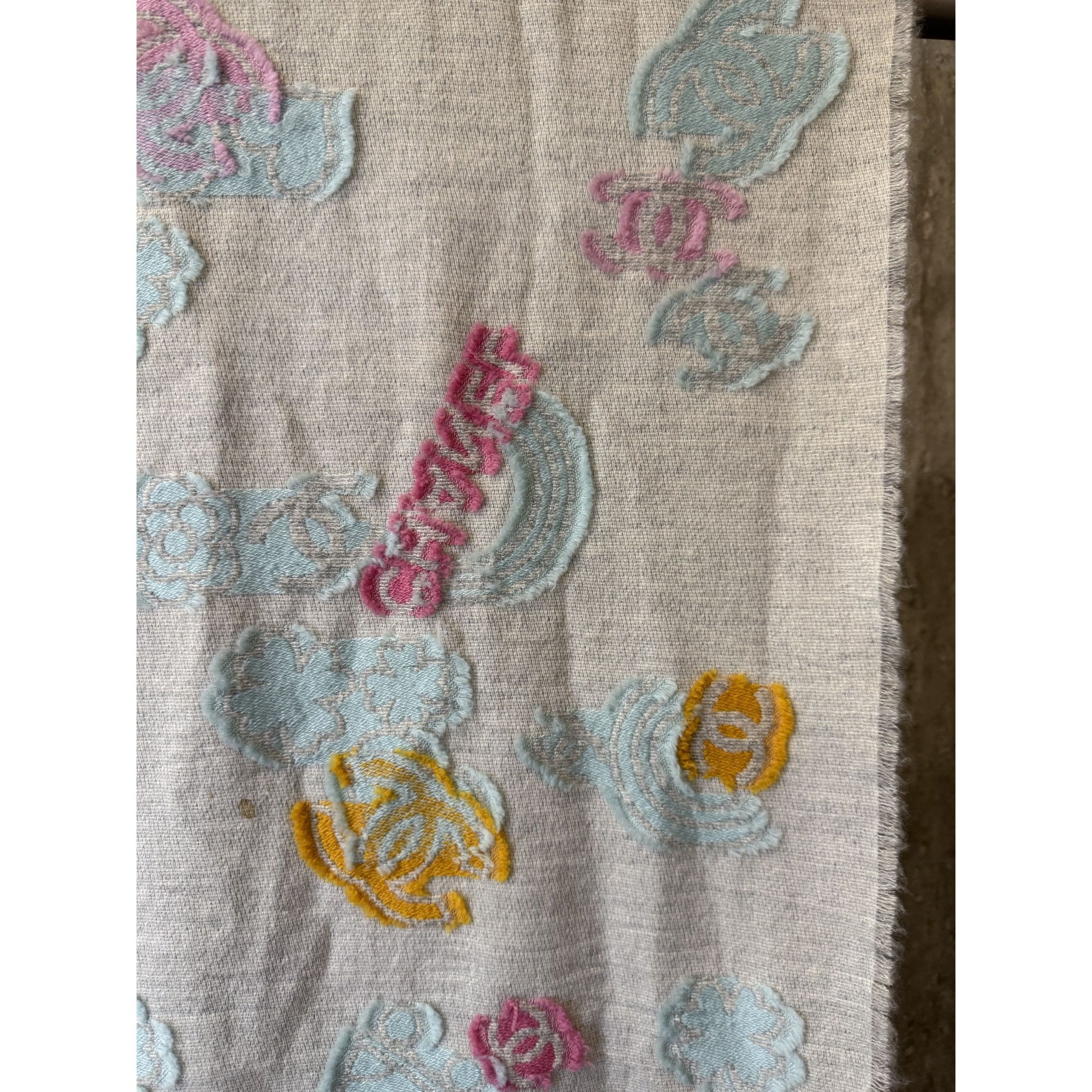 Chanel Chanel Gray Multicolor Logo Pattern Scarf 43% Cashmere 36% W Size ONE SIZE - 15 Thumbnail