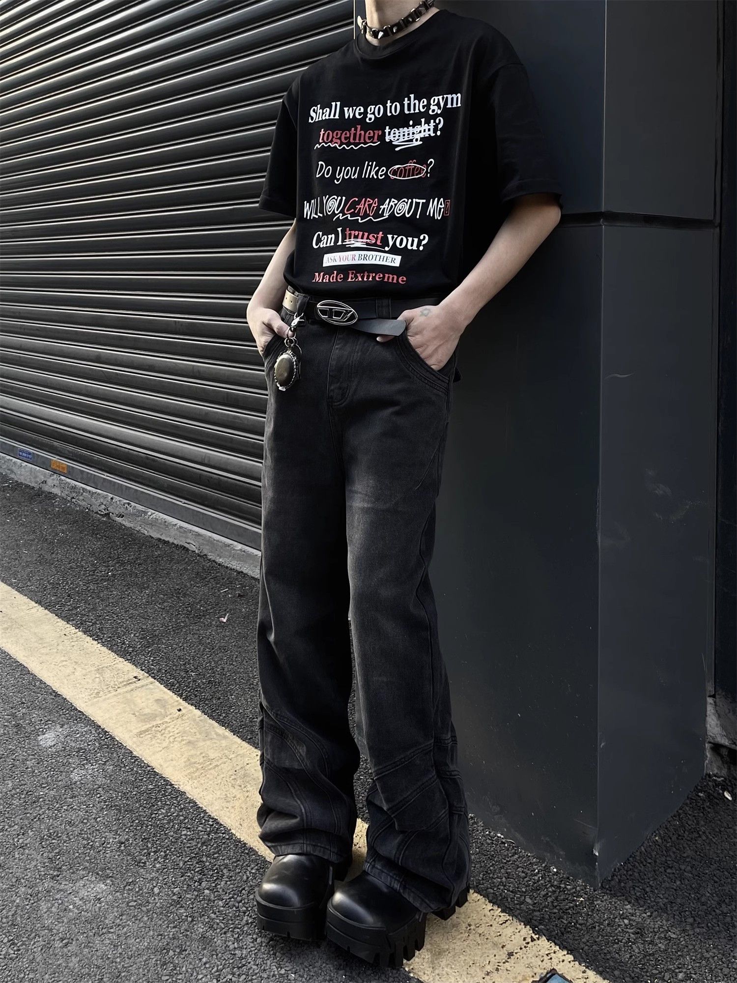 image of Retro Distressed Leg Patchwork Jeans in Black, Men's (Size 32)