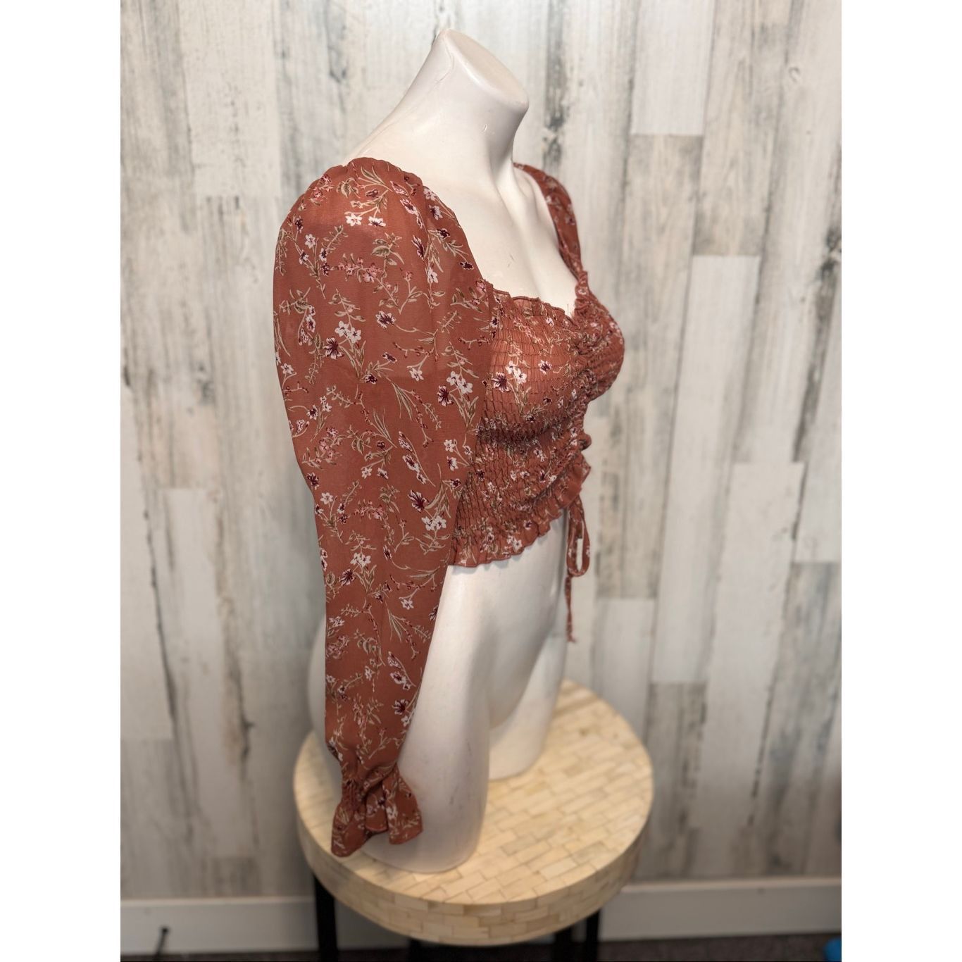 Other Papermoon Floral Long Sleeve Crop Top | Rust Smocked Ruched Size S / US 4 / IT 40 - 6 Thumbnail