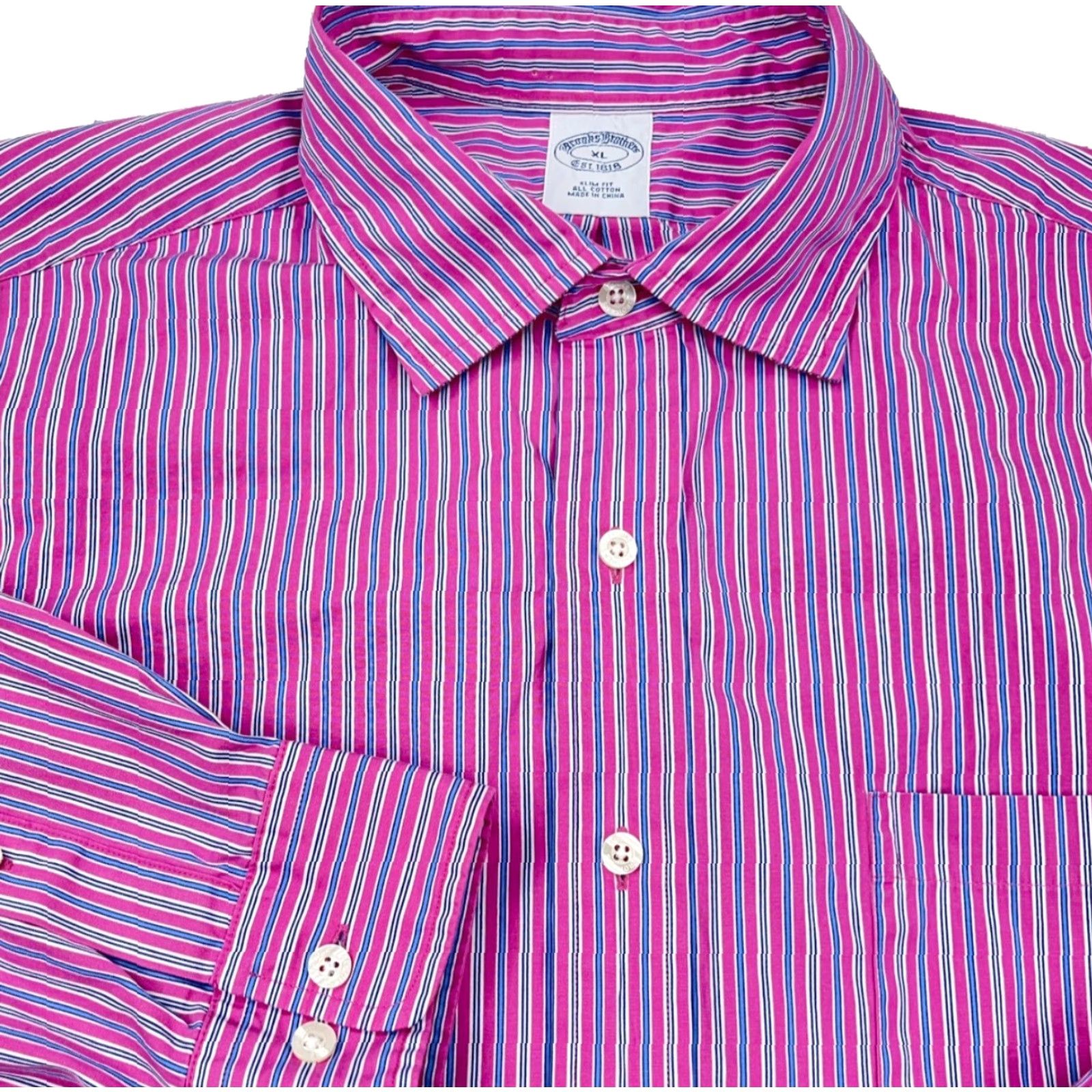 Brooks Brothers Brooks Brothers Shirt Men XL Pink Blue Striped Slim Fit Button-Up Dress Poplin Size 46R - 2 Thumbnail