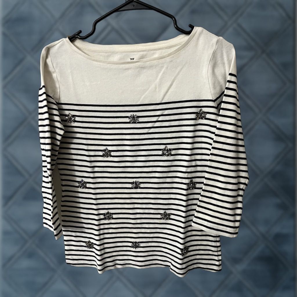 Talbots Talbots VINTAGE Petites Crewneck T-Shirt Black/White Stripe 3/4 Sleeve Embellished Rhinestone Womens Size S / US 4 / IT 40 - 1 Thumbnail