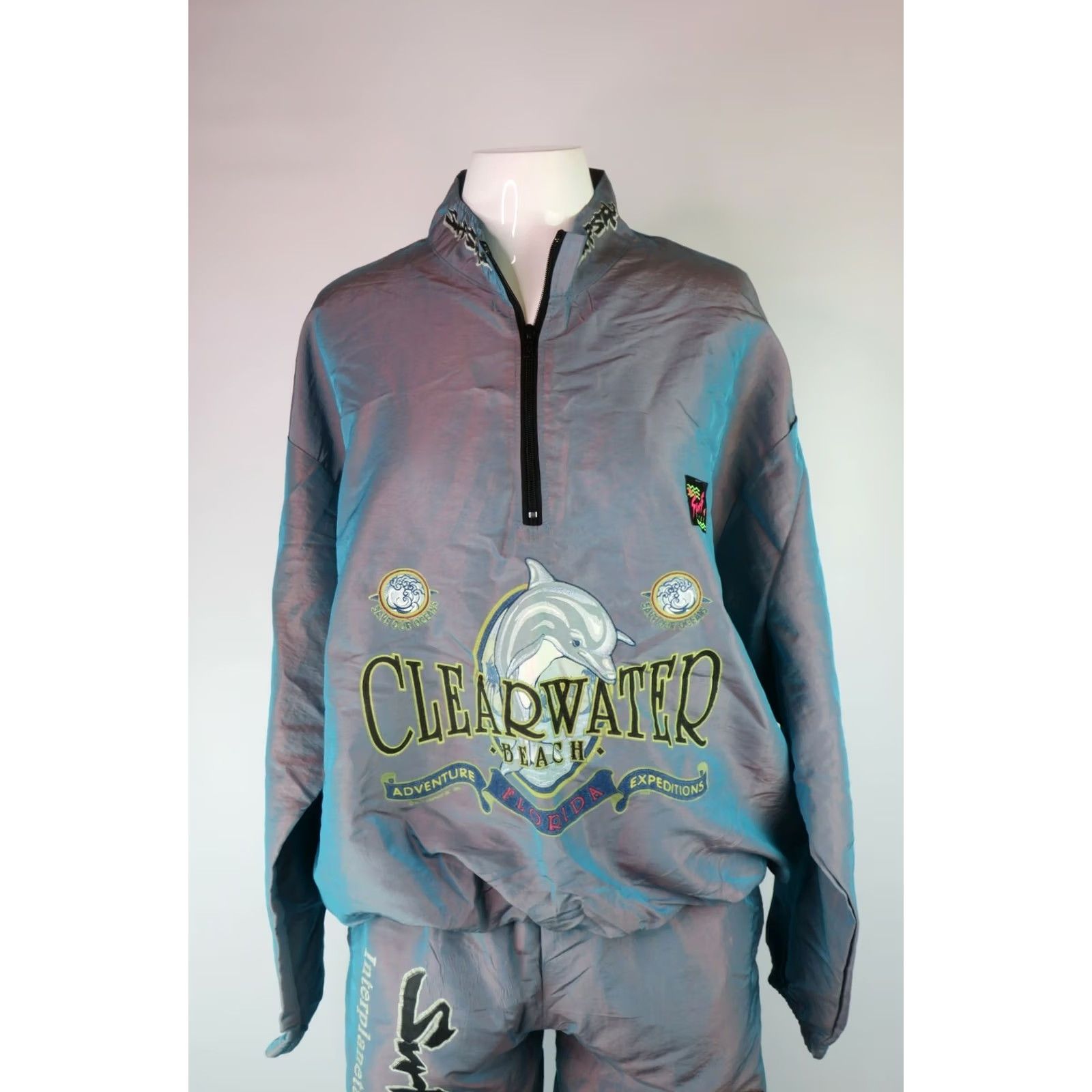 Vintage VINTAGE Surf Style Windbreaker Jacket 3PC Track Suit Mens M/L Neon Green 80s 90s Psychedelic Iridescent Nylon Size 42R - 7 Thumbnail
