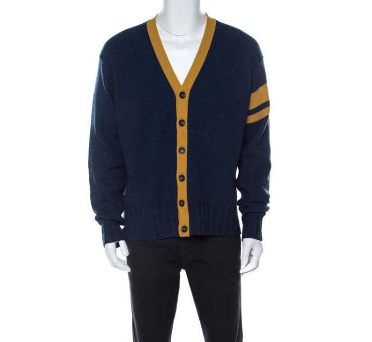 Dolce & Gabbana Dolce Gabbana Blue Wool V-Neck Stripe Detail Cardigan Size US L / EU 52-54 / 3 - 2 Thumbnail