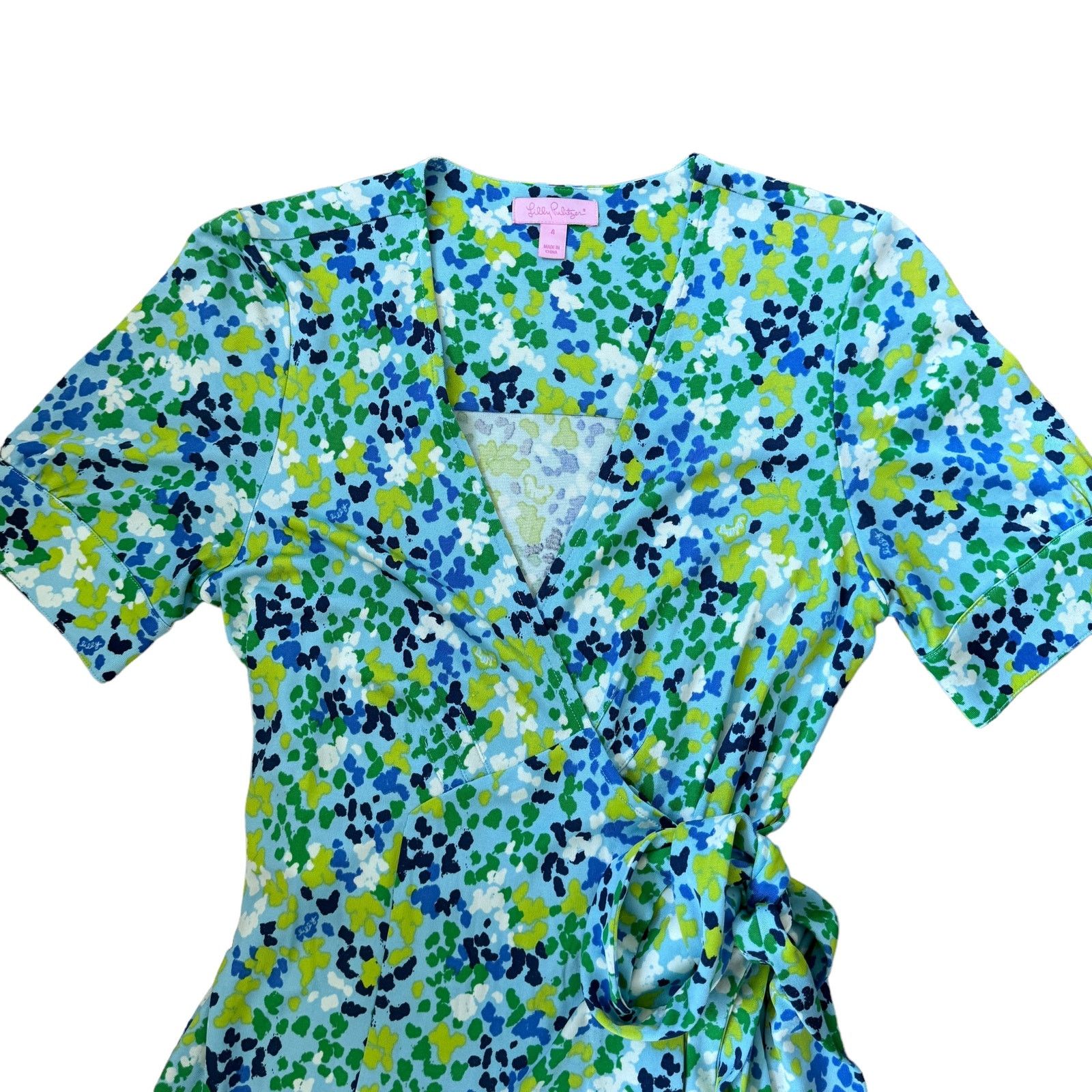 Lilly Pulitzer Kessler Silk Jersey Wrap Dress Blue Green Dot