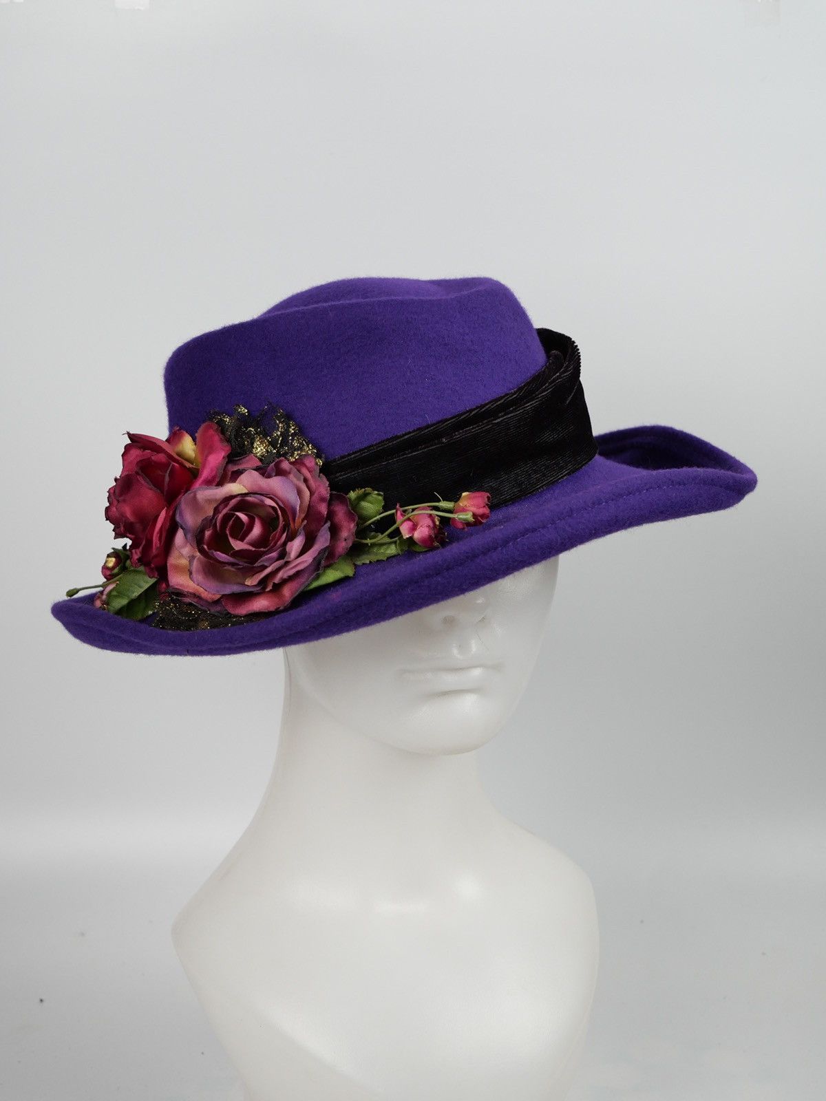 Vintage Purple Felted Wool Hat With Flowers Made in USA