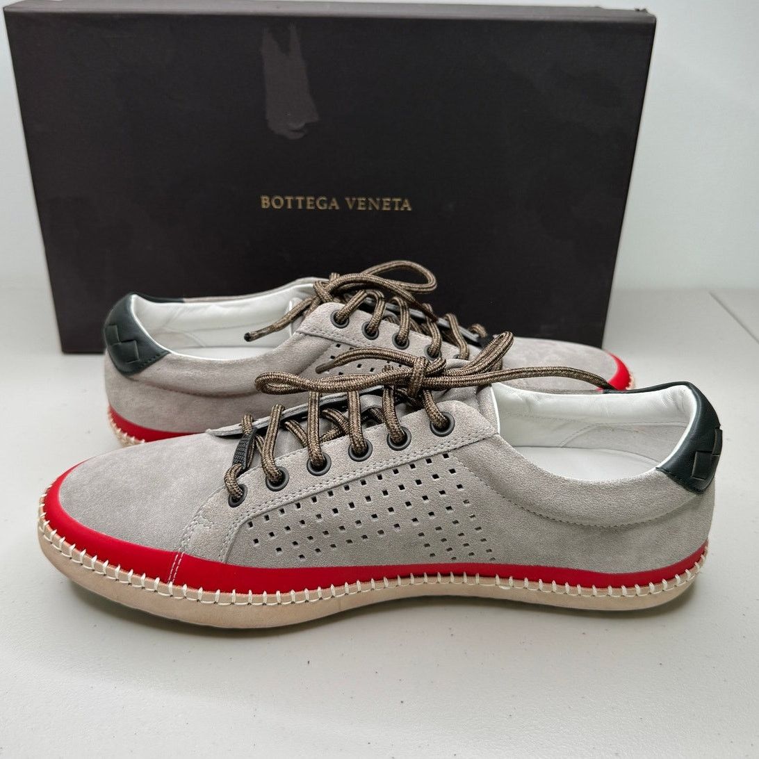 Bottega Veneta NEW Bottega Veneta Low Top Suede Sneakers, Gray/Black/Red Size US 6 / EU 39 - 7 Thumbnail