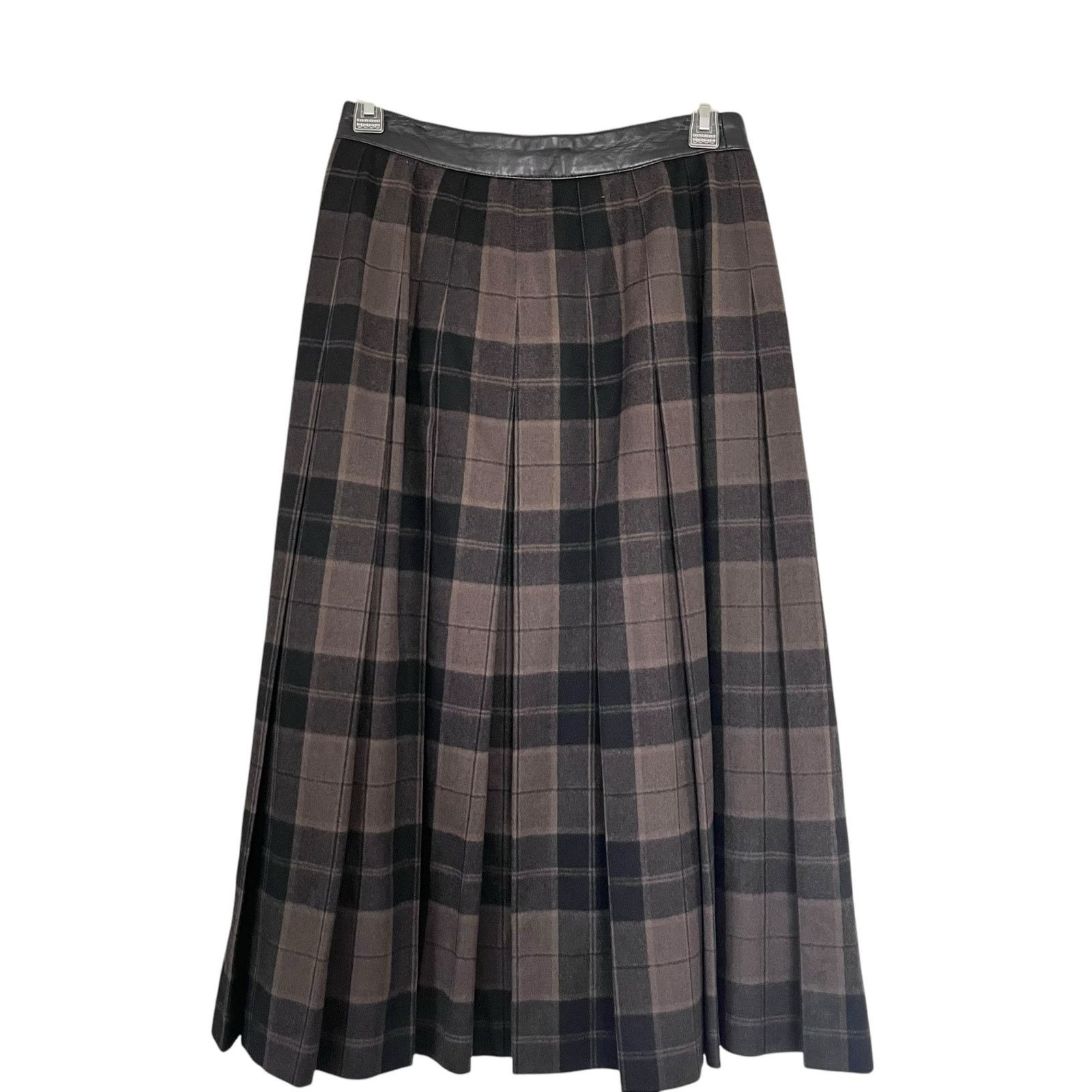 Escada Escada Brown Black Plaid Wool Leather Belt Midi Kilt Skirt Size 27" / US 4 / IT 40 - 5 Thumbnail