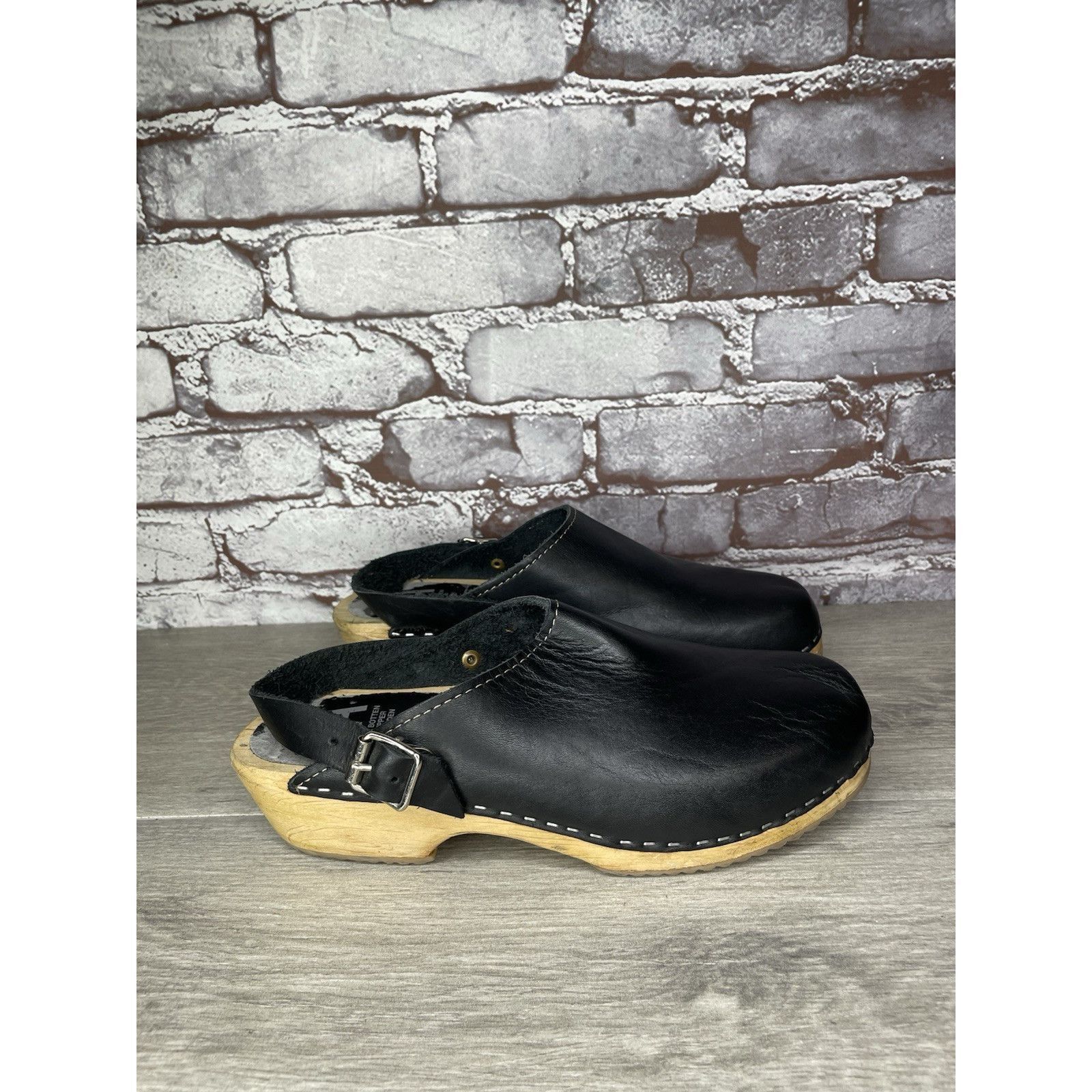 Miansai MIA Alma Swedish Black Leather Wooden Heel Strap Clogs Women Size US 9.5 / IT 39.5 - 20 Thumbnail
