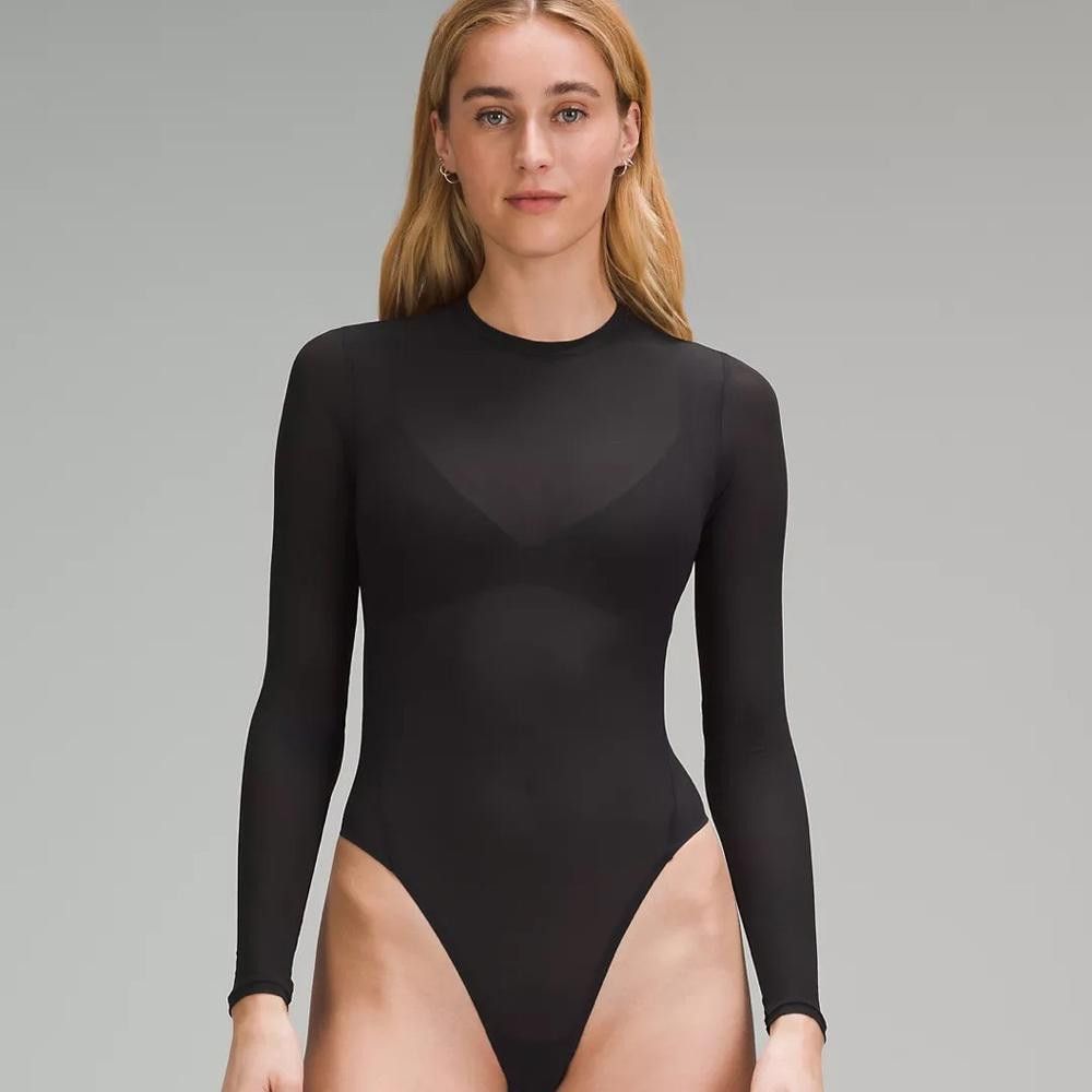 Designer Lululemon Sleek Black Mesh Long Sleeve Bodysuit Size M / US 6-8 / IT 42-44 - 2 Thumbnail
