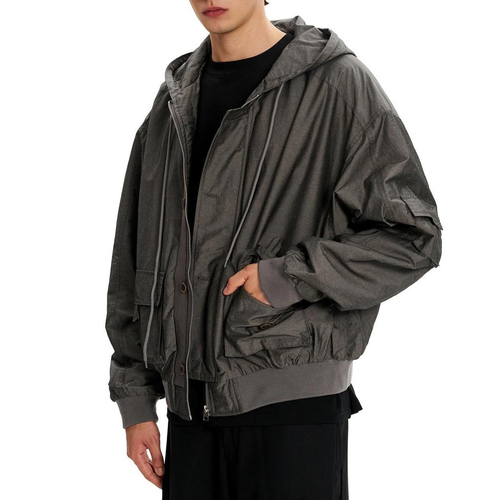 Japanese Brand Gray Hooded Bomber Jacket, Men's Outerwear Size US M / EU 48-50 / 2 - 2 Thumbnail
