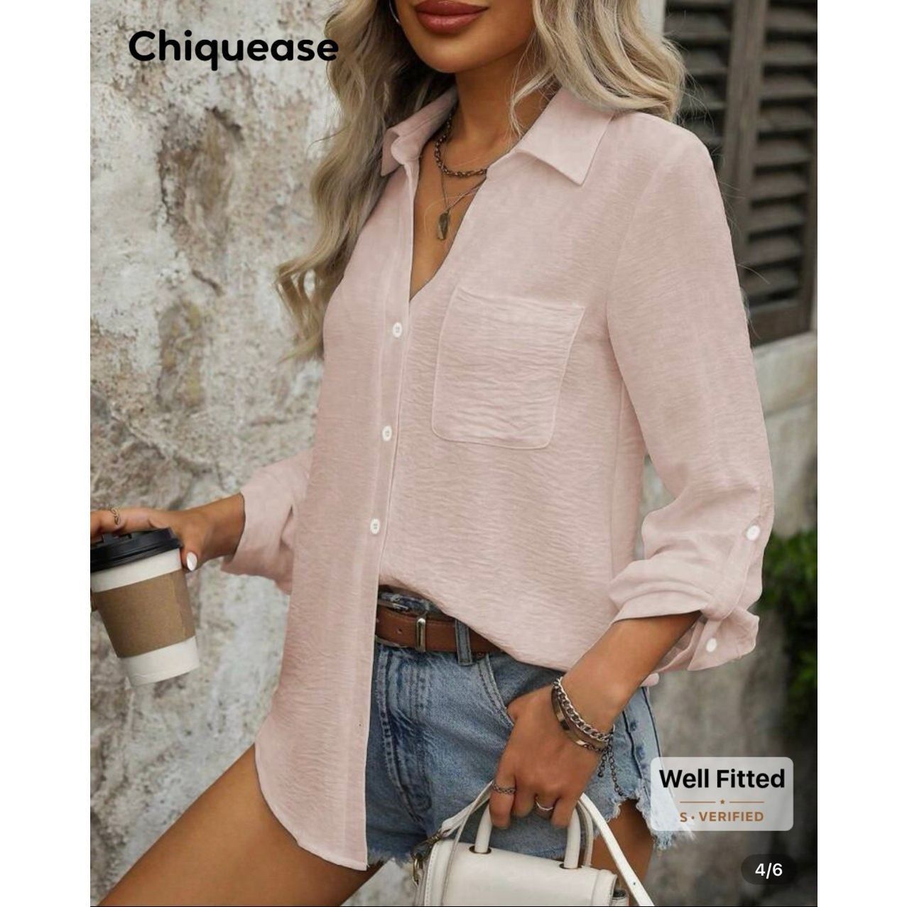 Shein Chiquease Casual Solid Color Pocket Button-Up Collared Long Size M / US 6-8 / IT 42-44 - 3 Thumbnail