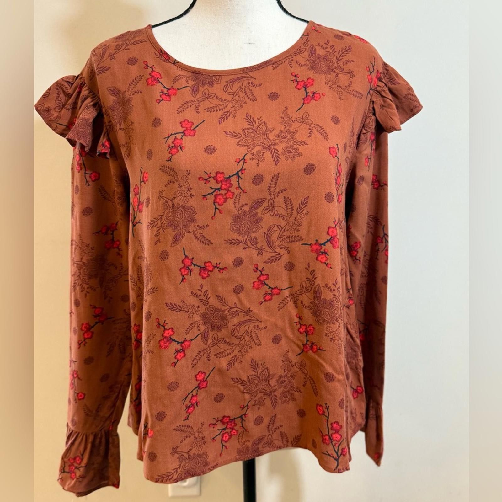 Other Hem & Thread brown red floral ruffled shoulder top SZ SM Size S / US 4 / IT 40 - 1 Thumbnail