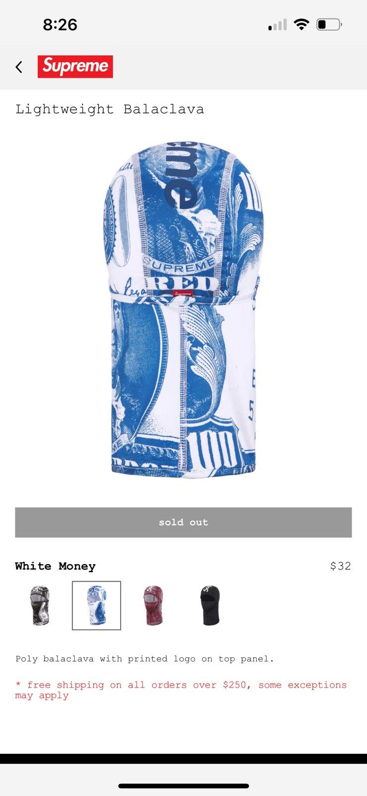 Supreme Supreme money Balaclava mask Size ONE SIZE - 2 Thumbnail