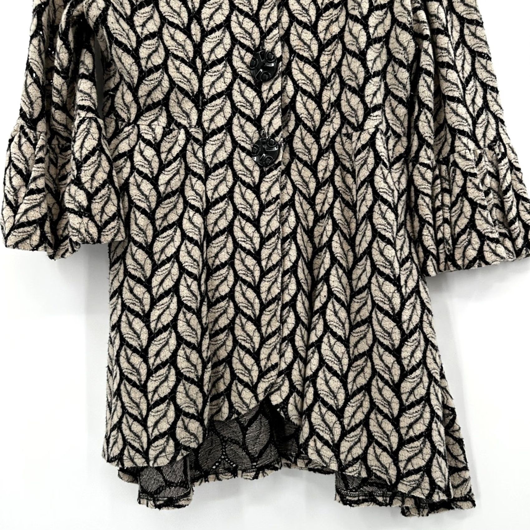 Bell IC by Connie K Coatigan Women Beige Black Leaf Print Bell Sleeve Collar Button Lace Mid-Length Casual Spring Fall M Womens Size M / US 6-8 / IT 42-44 - 3 Thumbnail
