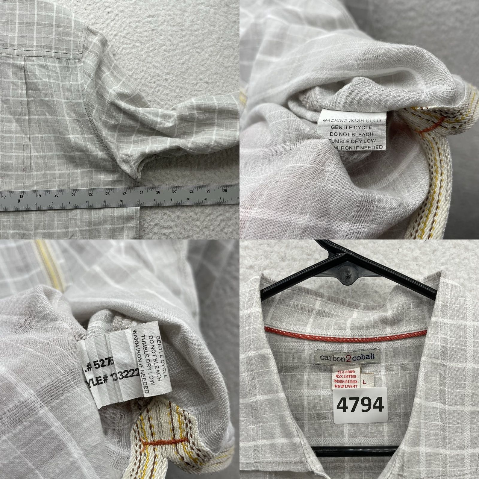 Carbon2Cobalt Carbon 2 Cobalt Shirt Mens Large Plaid Check Windowpane Gray Linen Blend Cotton Button-Up Casual Shirt Size US L / EU 52-54 / 3 - 8 Thumbnail