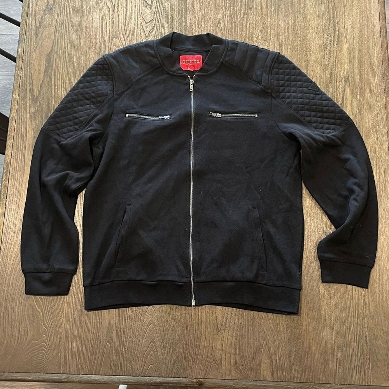 Guess NWOT Guess Mens Black Cotton Blend Zip Up Bomber Jacket Sz L Size US L / EU 52-54 / 3 - 1 Thumbnail