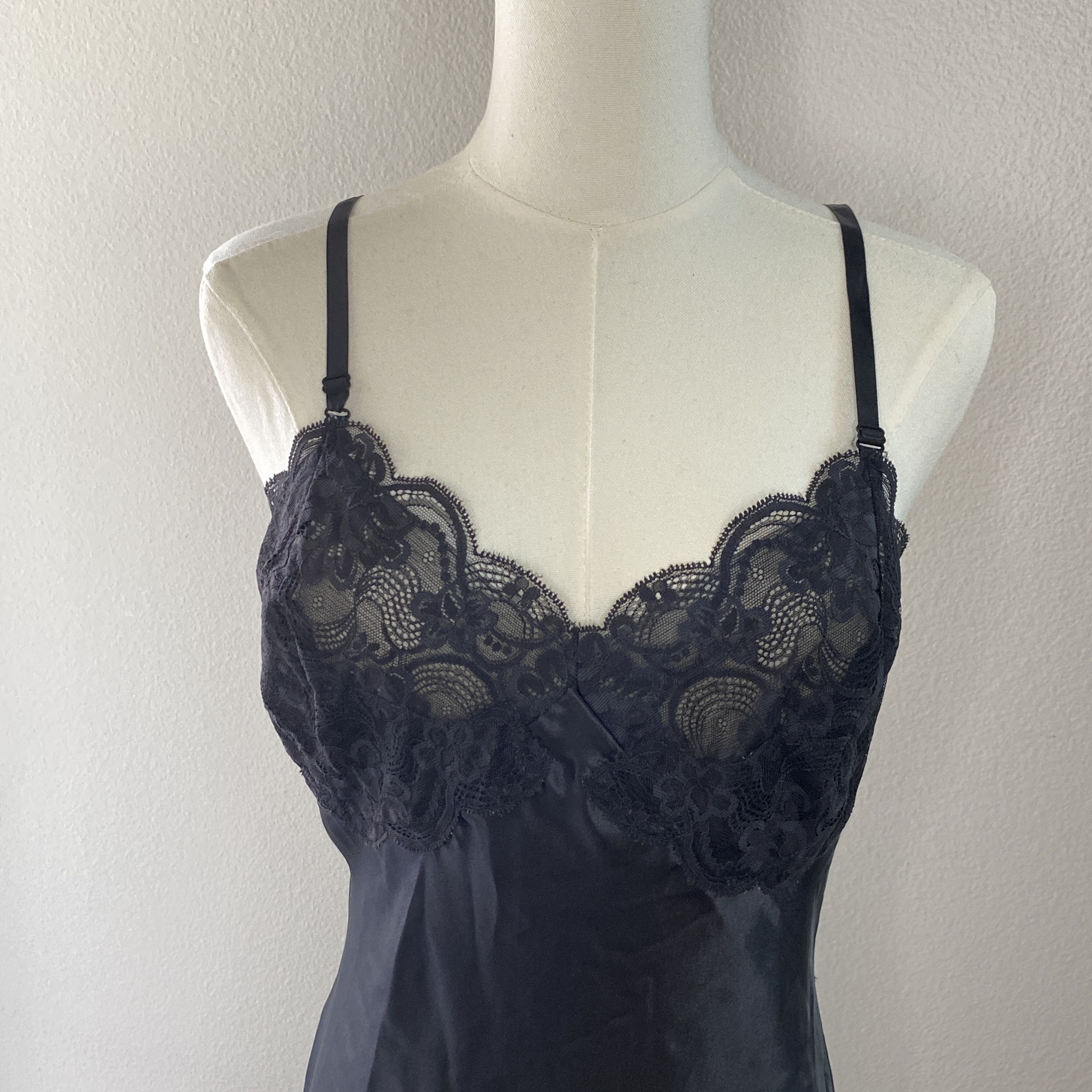 Vintage Vintage Black Satin Lace Trim Slip Dress Midi Size S / US 4 / IT 40 - 1 Thumbnail